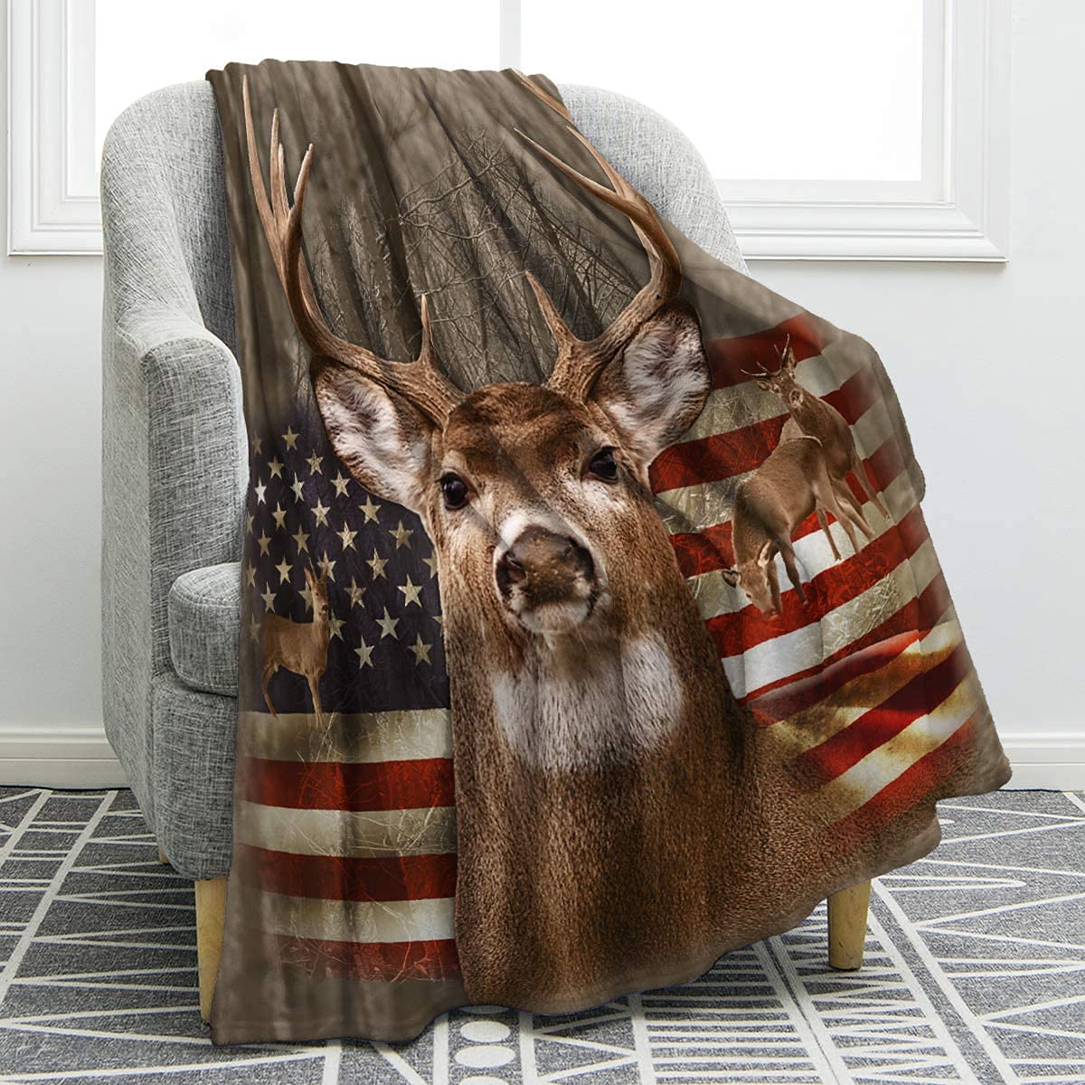 Jekeno American Flag Deer Blanket - USA Patriotic Throw Blanket for Men, Women, Adults & Kids - Hunting Gifts, Independence Day Decor - Perfect for Home, Bed, Couch, Camping & Outdoor Adventures