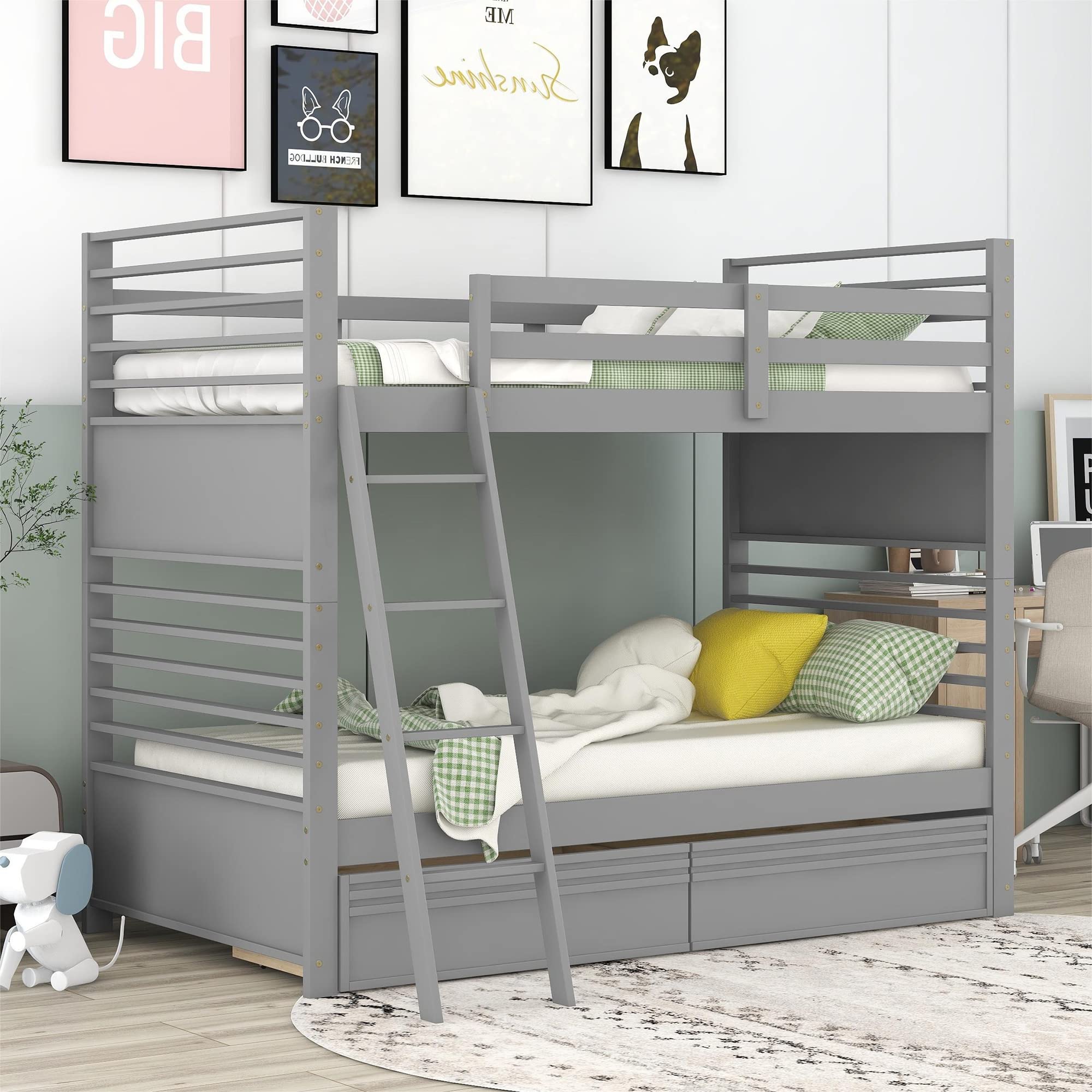 Twin Over Twin Bunk Beds with Storage Drawers - Solid Wood Kids Bunk Bed with Guardrails & Ladder - Space-Saving Convertible to 2 Separate Beds (Gray) - Perfect for Kids, Teens, Dorm Rooms & Small Bedrooms