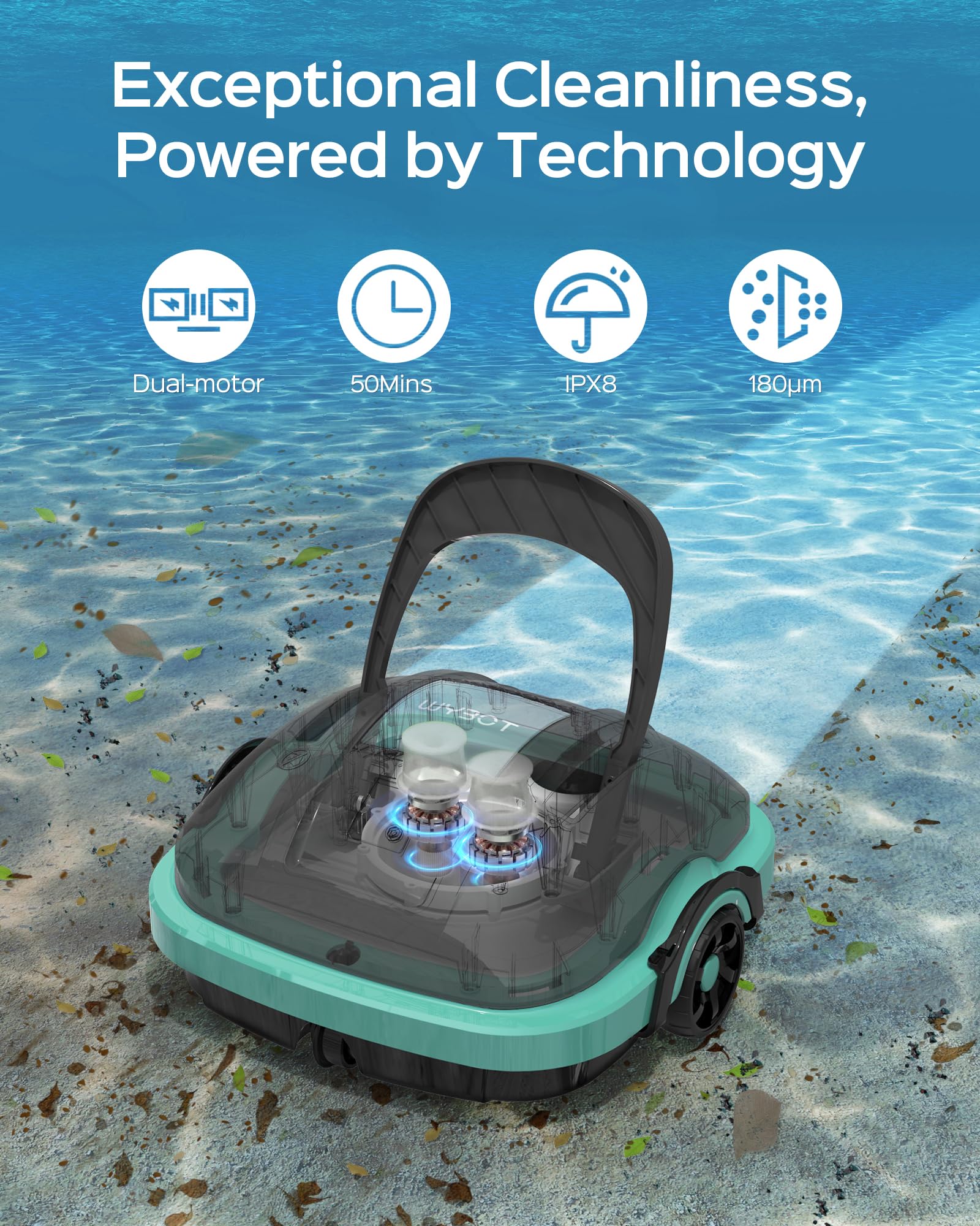 WYBOT Cordless Robotic Pool Cleaner - Automatic Pool Vacuum with Powerful Suction & Dual-Motor - Ideal for Above Ground & In-Ground Flat Pools (Blue & Black) - Perfect for Backyard, Residential & Commercial Swimming Pool Maintenance