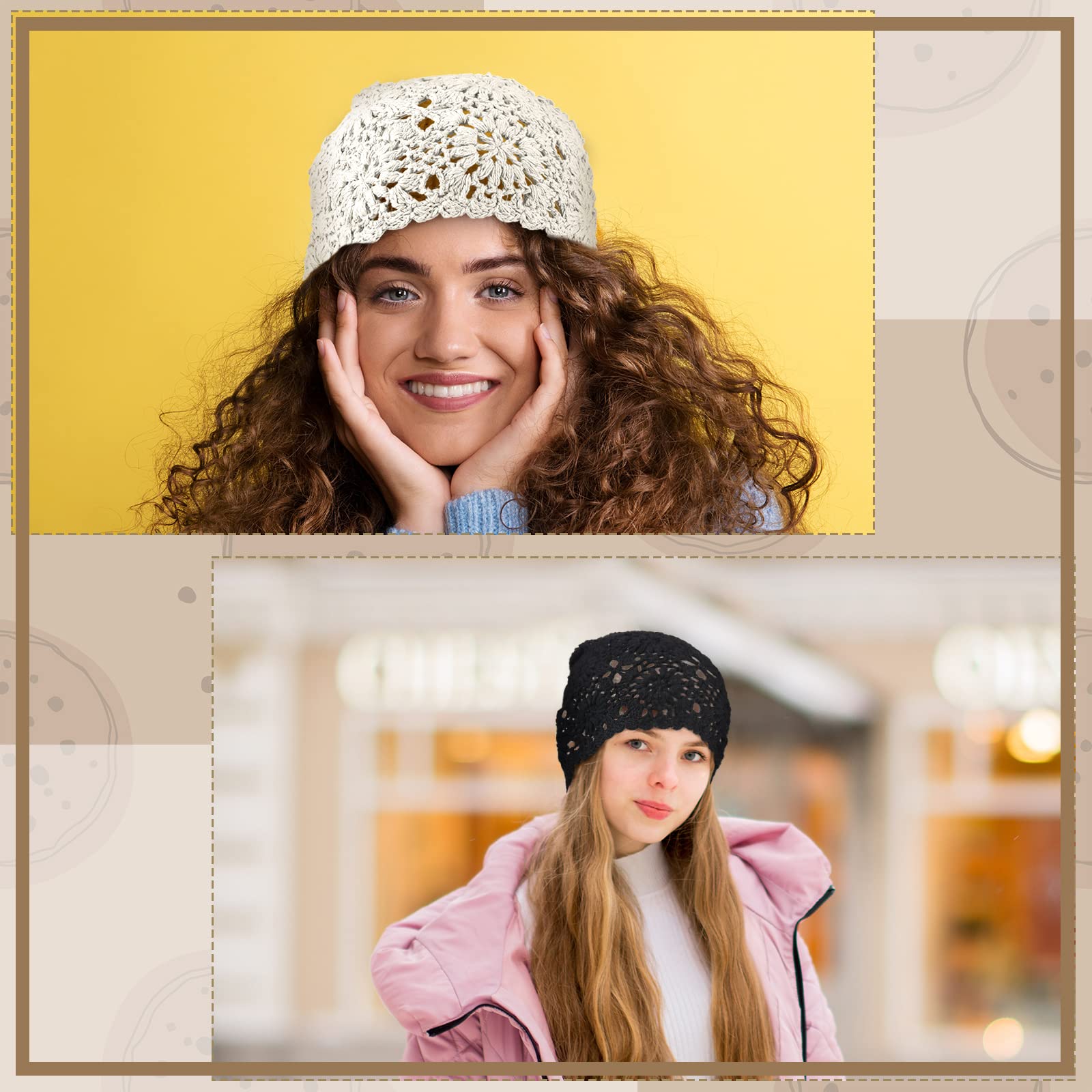 2 Pack Floral Crochet Slouchy Beanie Hats - Handmade Knit Women's Winter Hats with Cutout Design, Stretchy Skull Cap for Women | Perfect for Winter Fashion, Outdoor Activities & Gift Giving