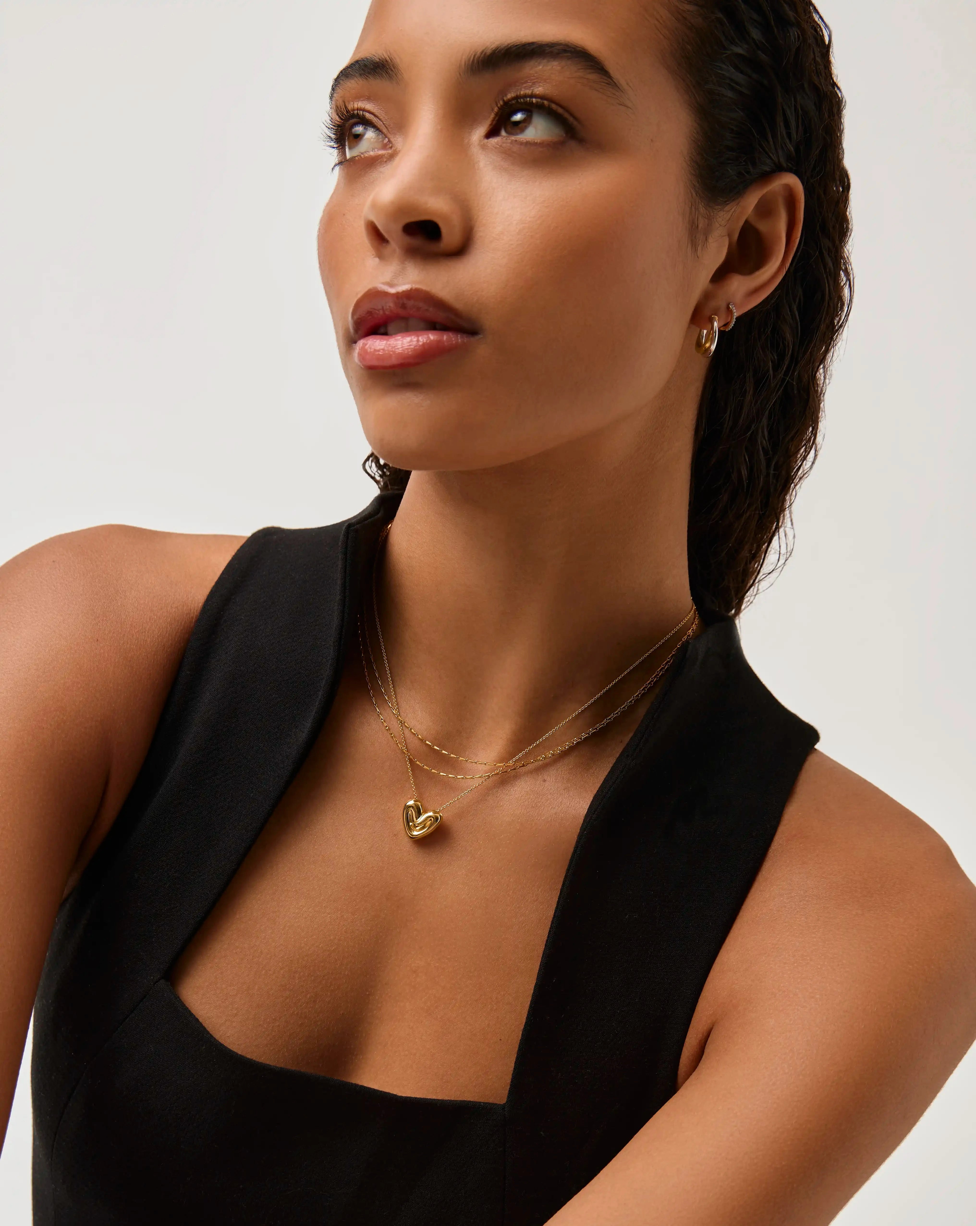Double Chain & Puffy Heart Necklace Set - 18k Gold Plated Jewelry for Women | Elegant Layered Necklace for Valentine's Day, Anniversary Gift, Date Night & Special Occasions