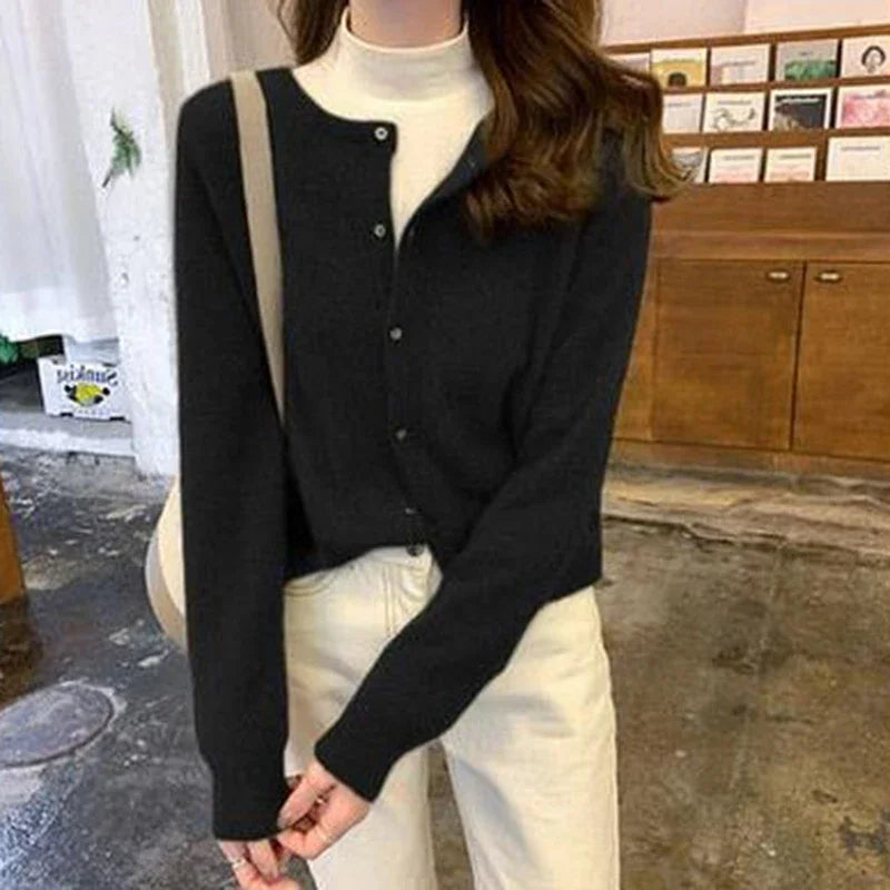 Solid Color Knitted Cardigan Round Neck Sweater for Women - Cozy Casual Pullover for Fall & Winter - Perfect for Office, Dating, and Travel
