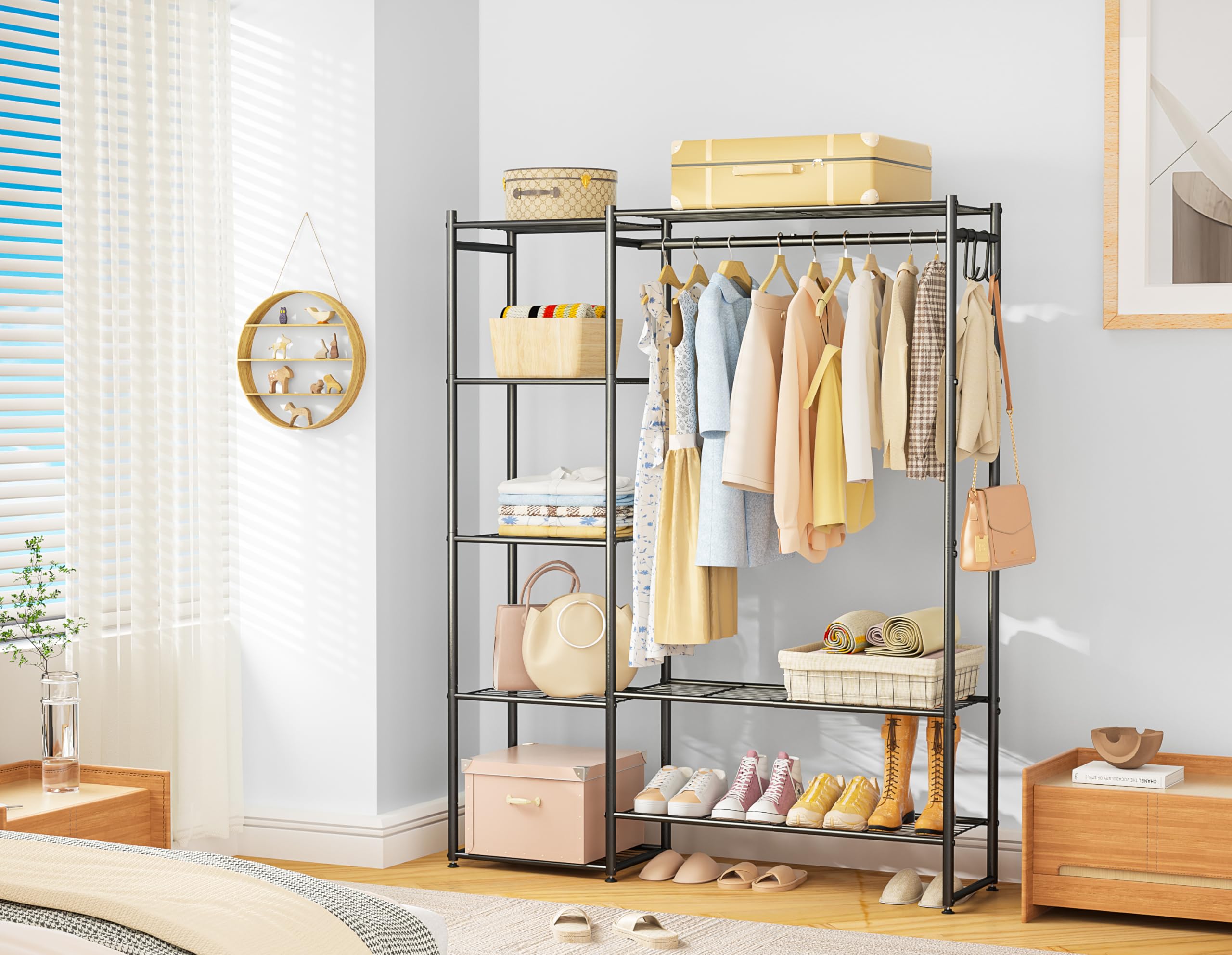 Portable Wardrobe Closet with 4-Tier Shelves - Free Standing Clothing Rack & Storage Organizer for Hanging Clothes - Perfect for Bedroom, Cloakroom, Dorm or Small Space Organization (Black)