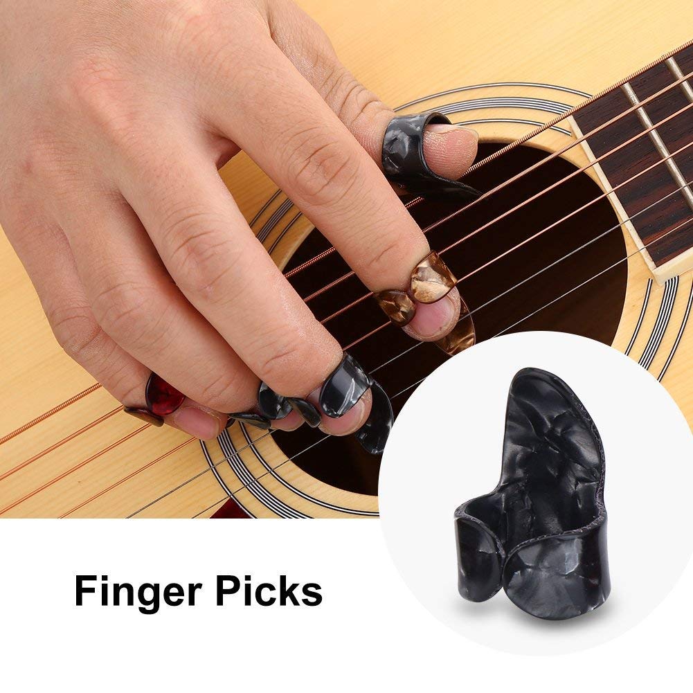 15Pcs Guitar Picks Variety Pack with Plastic Storage Box - Durable Thumb Picks & Finger Protectors for Guitar Training, Practice & Live Performances - Perfect for Beginners & Professional Musicians
