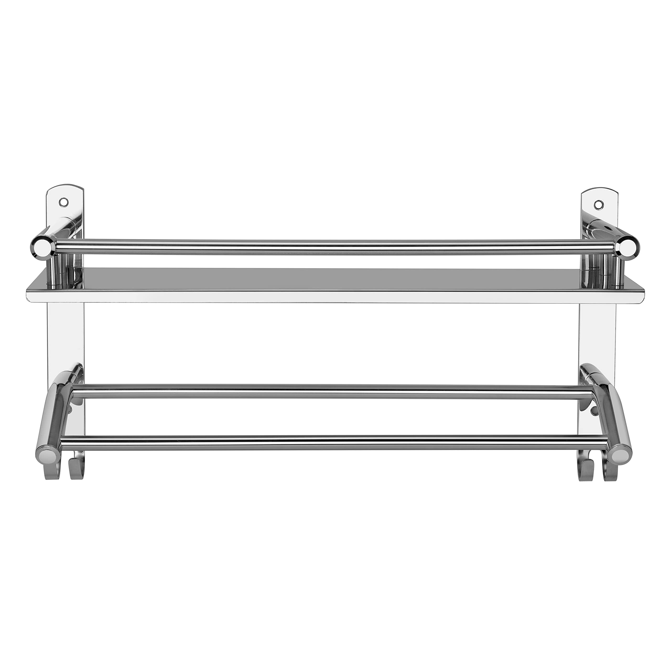 Stainless Steel Bathroom Shelf with Towel Bar & Hooks - Wall Mount Organizer for Kitchen & Bathroom Storage - Perfect for Towels, Toiletries & Accessories - Silver