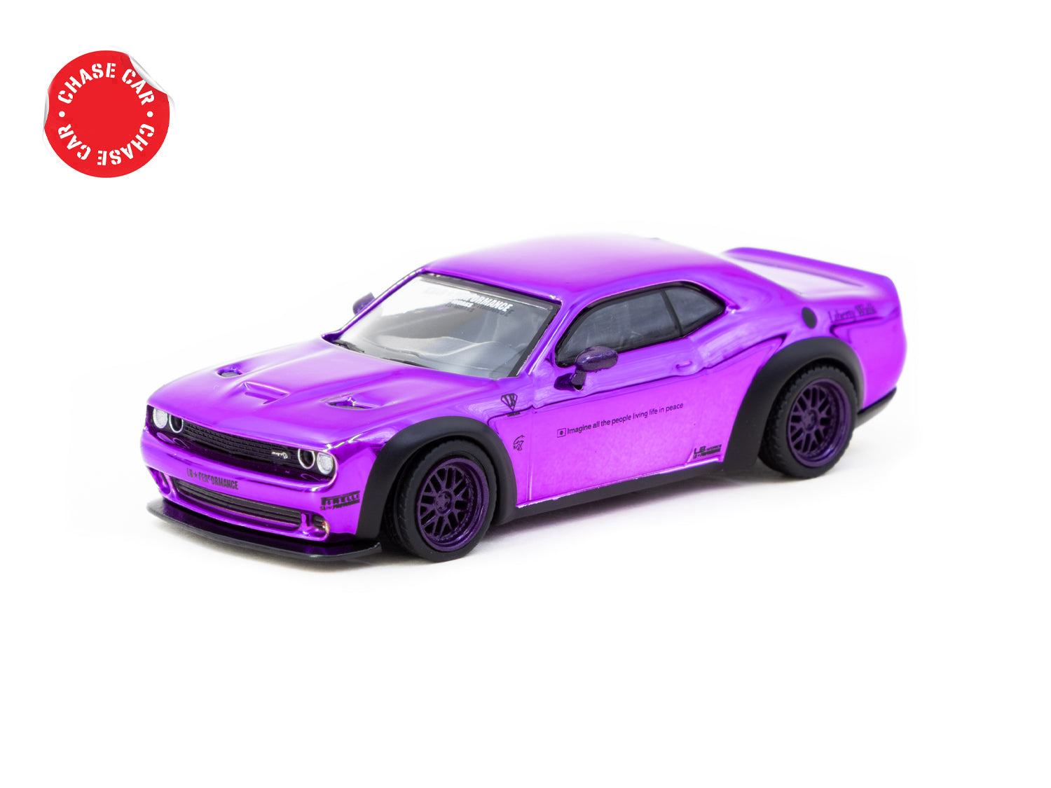 Tarmac Works 1/64 LB WORKS Dodge Challenger SRT Hellcat Purple Diecast Model Car with Truck - Collectible Miniature for Display, Racing Enthusiasts & Car Lovers