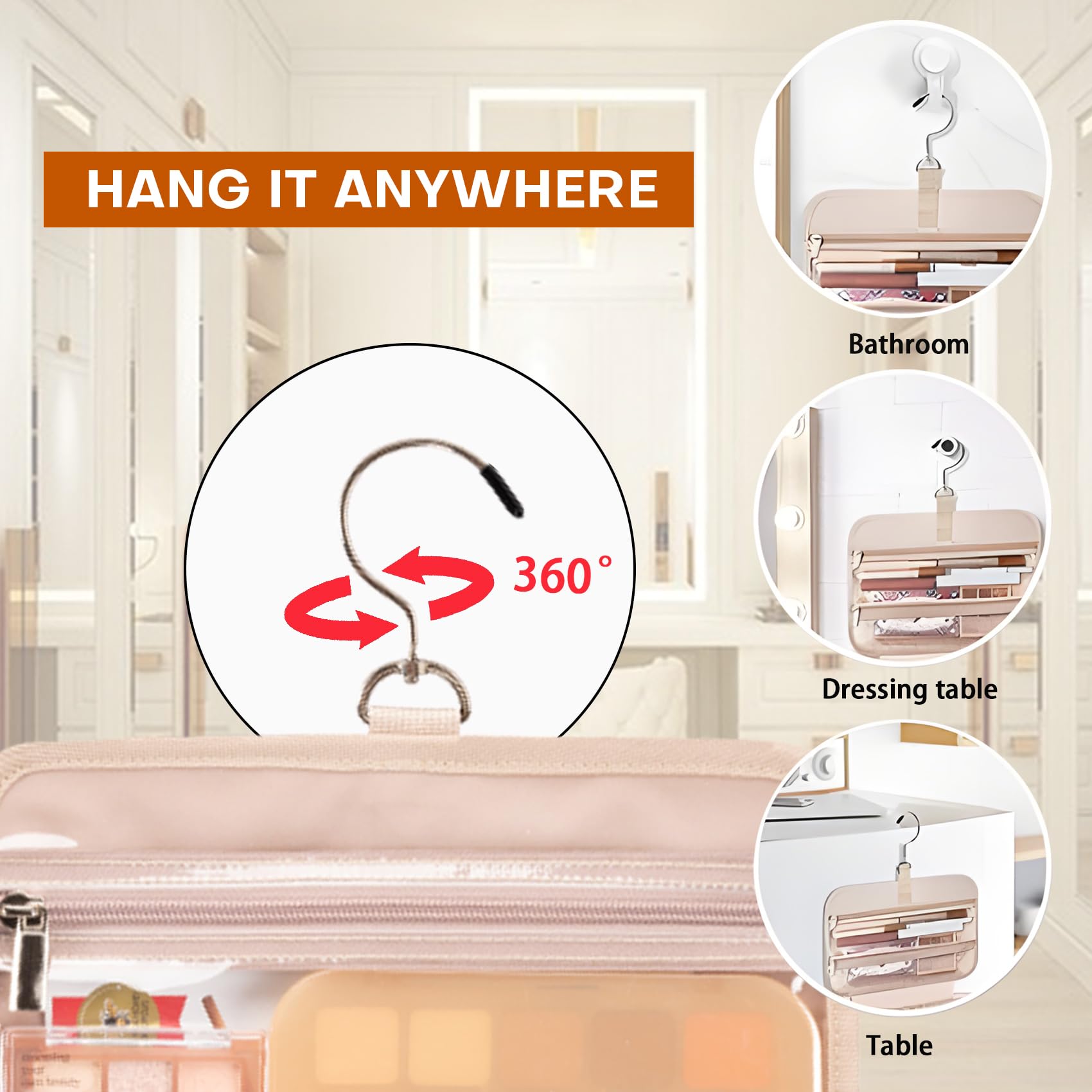 8L Travel Toiletry Bag for Women - 2.1 Gallon Waterproof Hanging Cosmetic Organizer with Hook for Shampoo, Makeup & Full-size Containers | Perfect for Vacation, Gym & Business Trips (Beige)