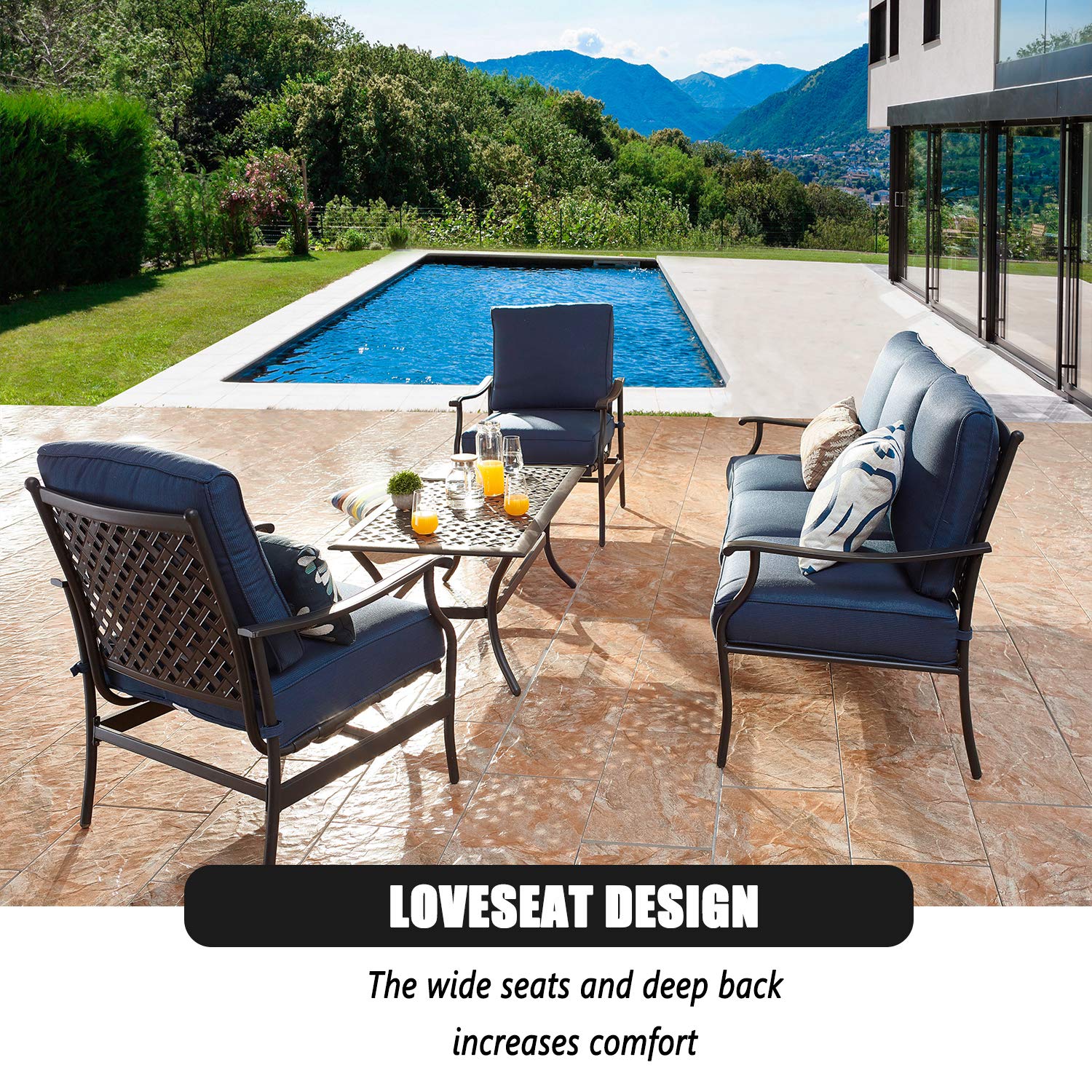 4-Piece Patio Conversation Set with Metal Armchairs, 3-Seater Sofa & Coffee Table - Outdoor Furniture for Deck, Garden, Backyard (Blue) | Perfect for Relaxing, Entertaining & Outdoor Dining
