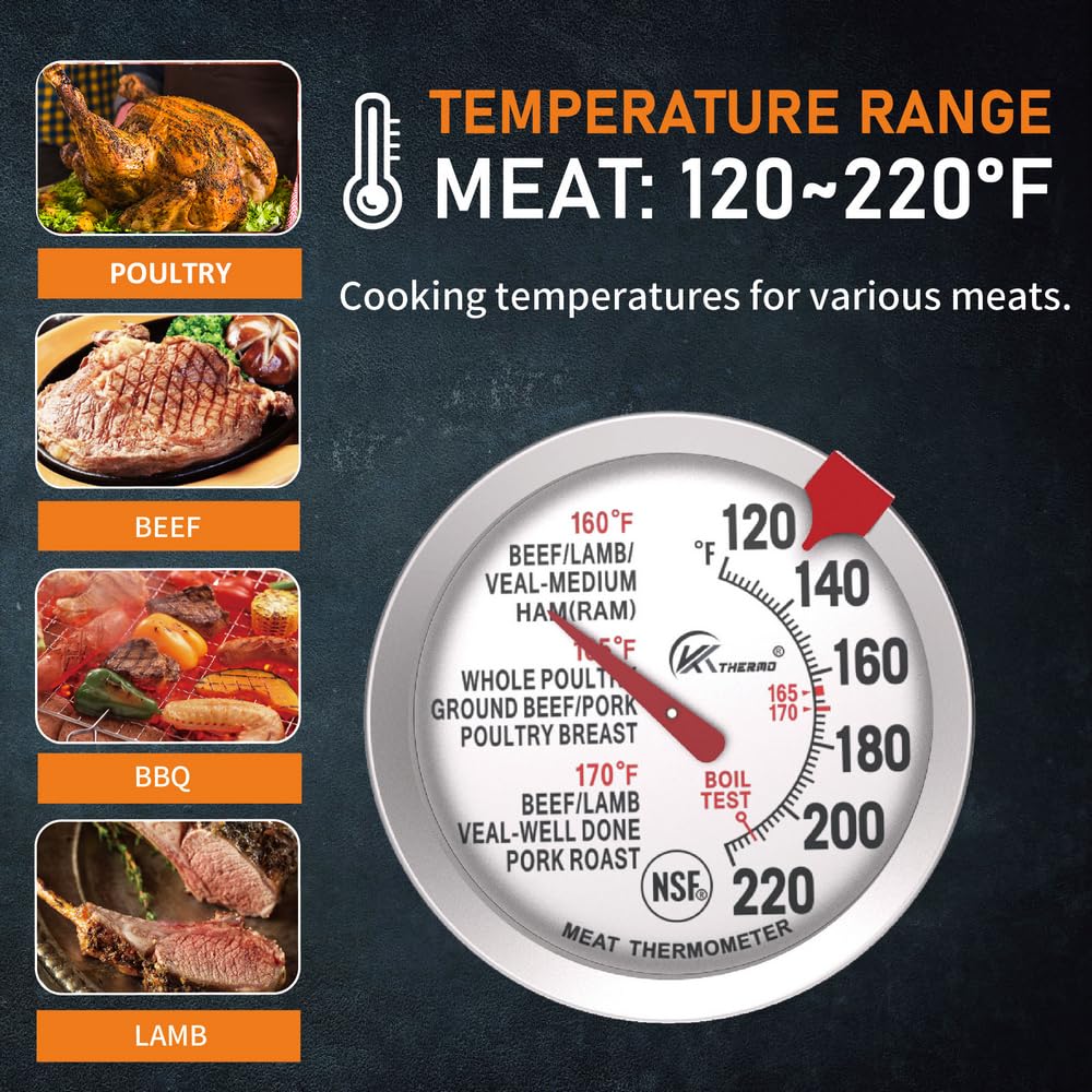 2 Pack KT THERMO Meat Thermometer - 2.5 Inch Stainless Steel Dial, Waterproof & Oven Safe - Instant Read BBQ Grill Thermometer for Cooking Steak, Turkey, Chicken - Perfect for Grilling, Baking, and Roasting