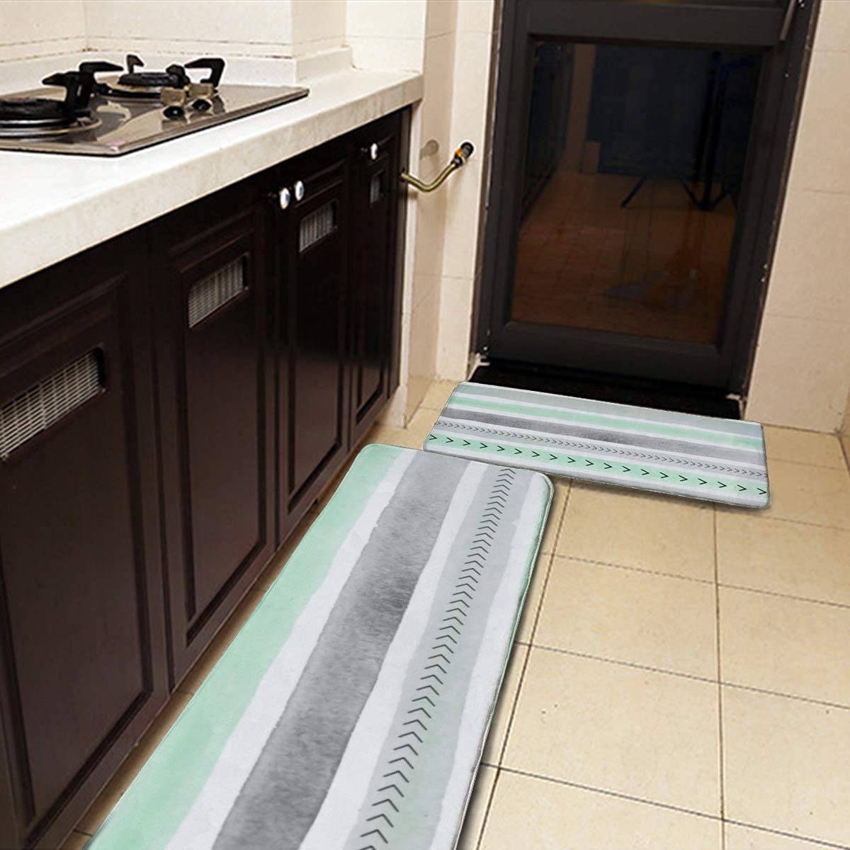 2-Piece Non-Slip Kitchen Rug Set - Mint Green & Gray Watercolor Stripes Flannel Mats, Washable Durable Runner Rugs for Kitchen Floor, Entryway, Bathroom & High-Traffic Areas