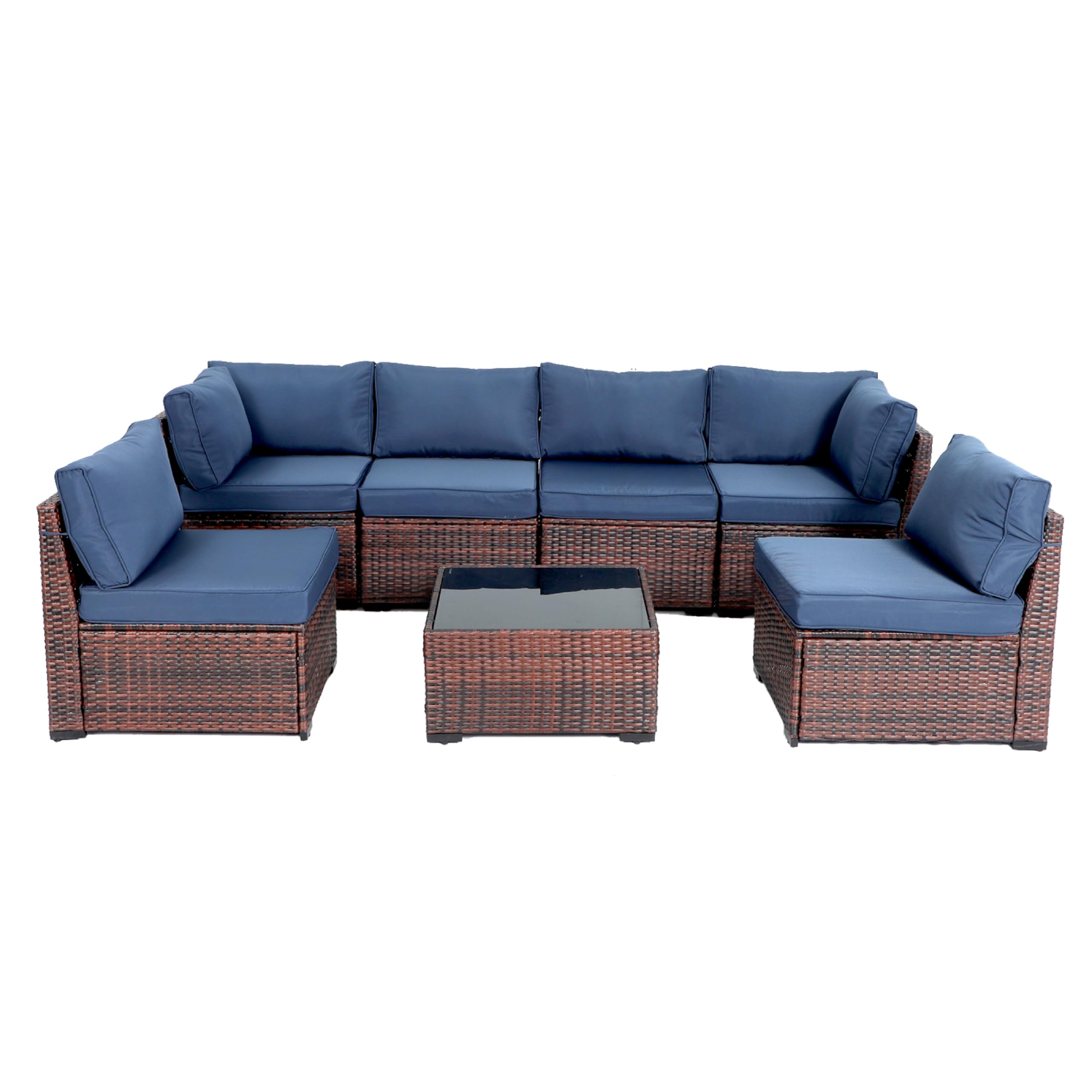 7-Piece Outdoor Patio Furniture Set - PE Rattan Sectional Sofa with Thick Cushions & Coffee Table - Waterproof Navy Blue Conversation Set for Garden, Poolside, Backyard & Balcony