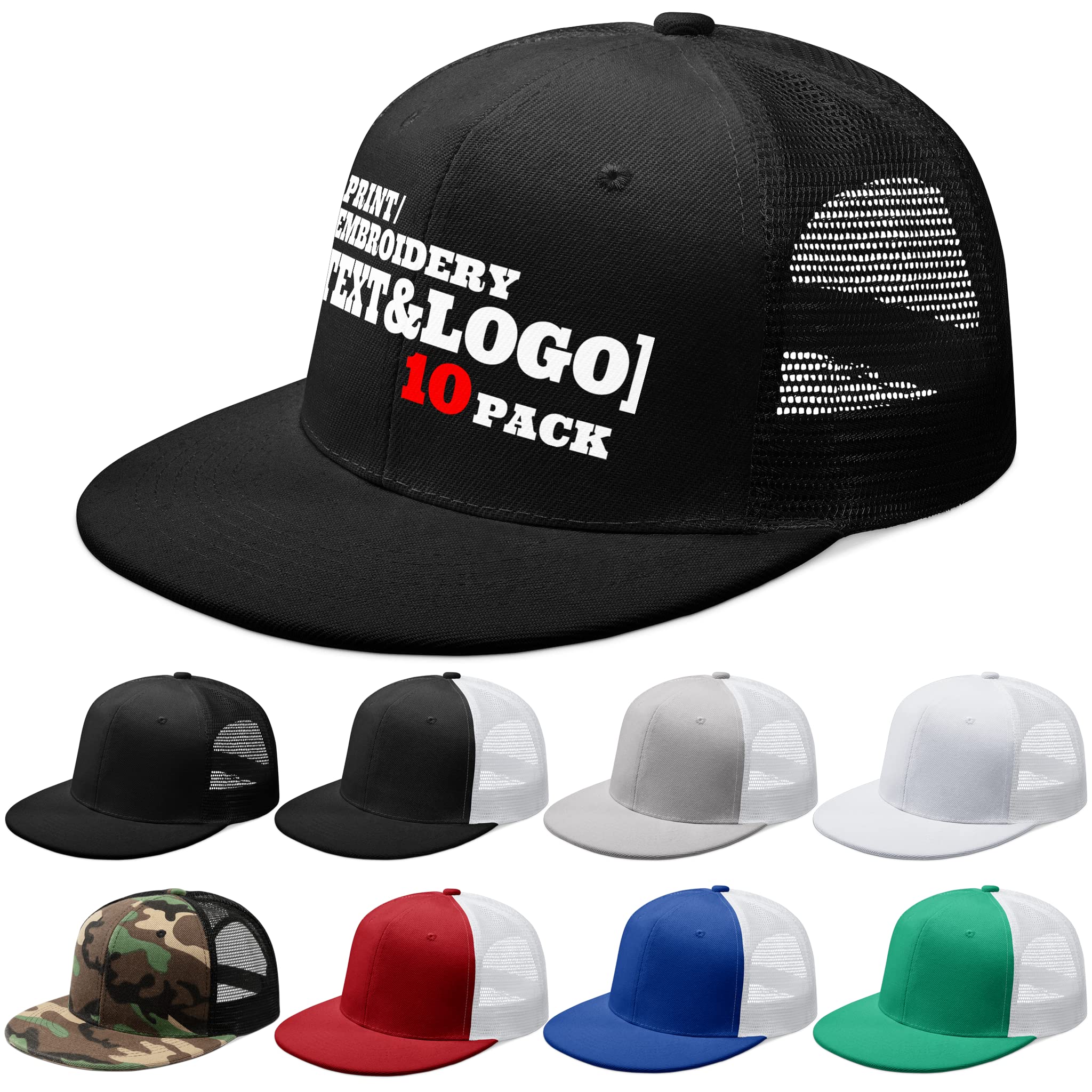 Pranboo® 10 Pack Bulk Custom Hats - Personalized Embroidery & Print Text/Logo Snapback Trucker Dad Caps for Men - Perfect for Sports Teams, Corporate Gifts, and Promotional Events