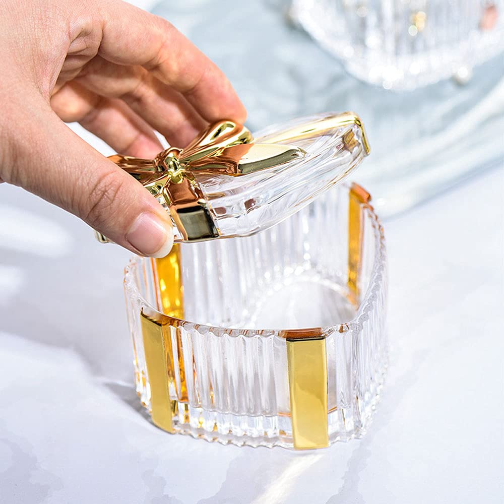 Elegant Embossed Heart-Shaped Bowknot Glass Jewelry Storage Box with Lid - Perfect for Organizing Rings, Necklaces & Candy - Ideal for Valentine's Gift, Wedding Favors & Home Decor