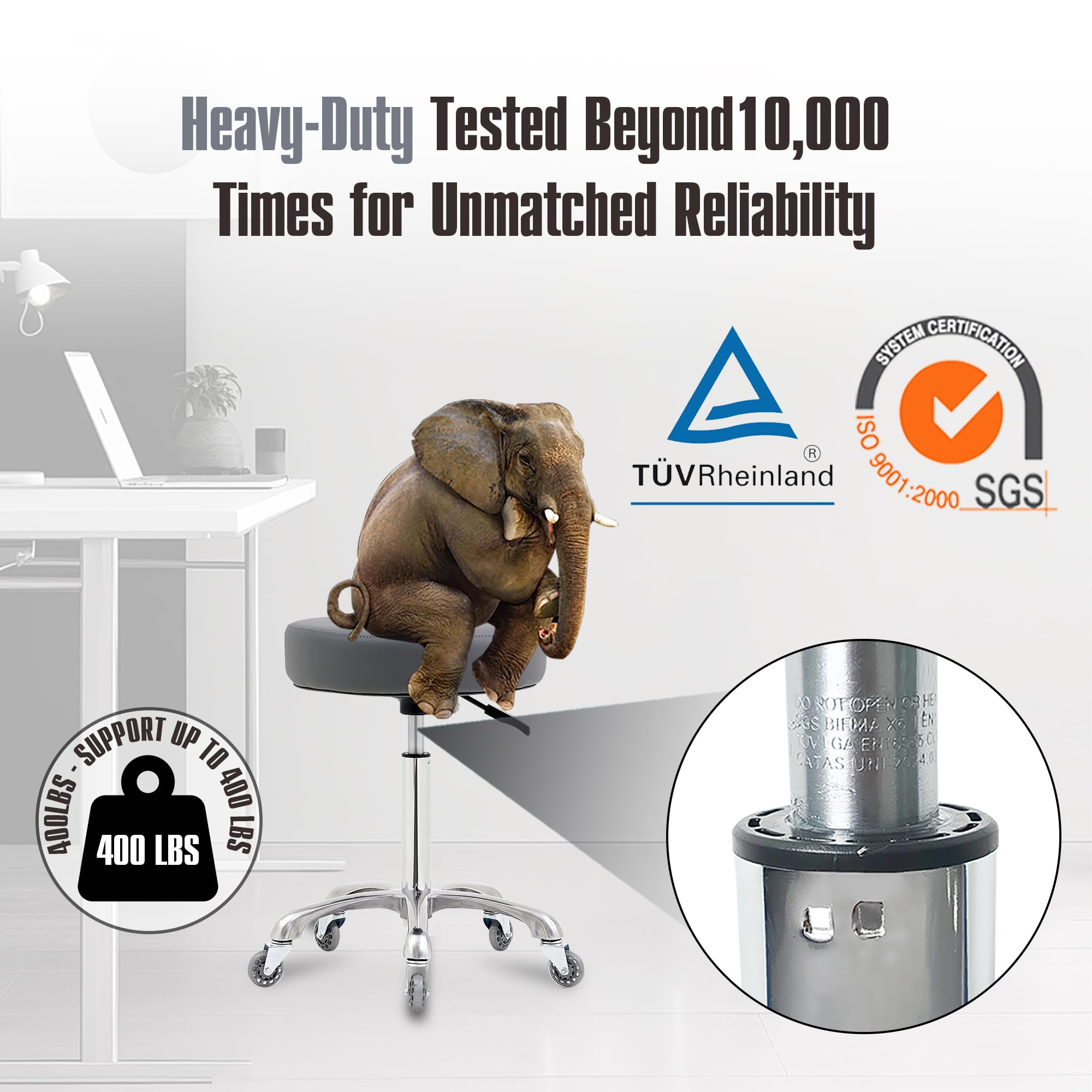 Heavy Duty Rolling Stool with Wheels - 400 lbs Capacity Adjustable Swivel Shop Stool for Workshop, Garage, Tattoo Studio, Medical Lab & Music Practice (Grey) - Perfect for Mechanics, Artists, Musicians & Professionals
