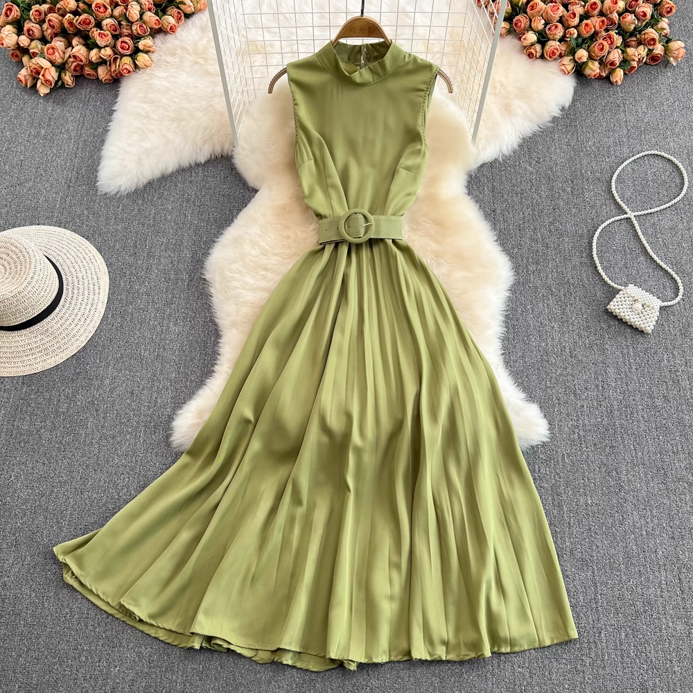 Fairy A-Line Sleeveless High Waist Pleated Dress for Women - Summer Flowy Midi Dress with Pockets | Perfect for Beach Vacations, Date Nights & Outdoor Parties
