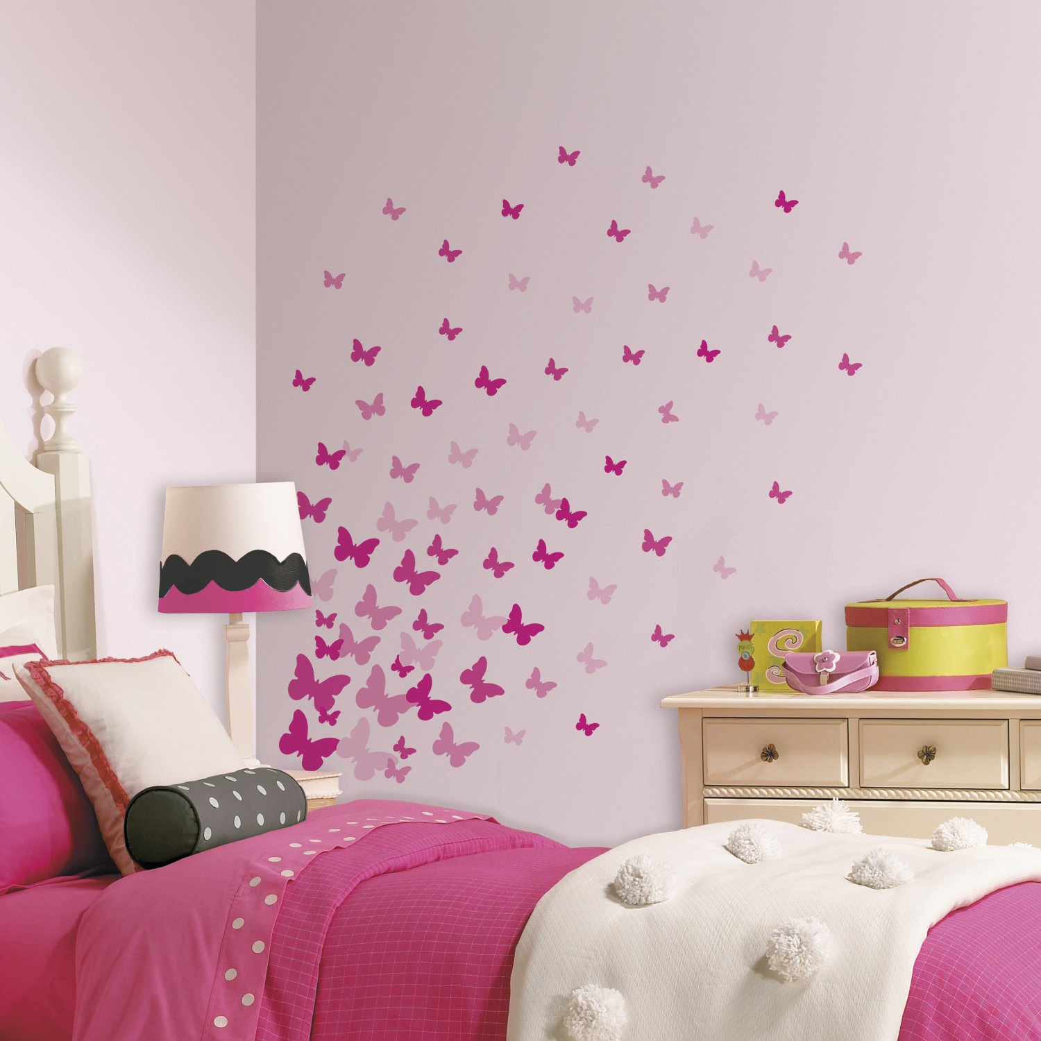RoomMates RMK2713SCS Pink Flutter Butterflies Peel and Stick Wall Decals - Self-Adhesive Wall Stickers for Girls Bedroom, Nursery, Kids Room Decor - Easy to Apply & Remove