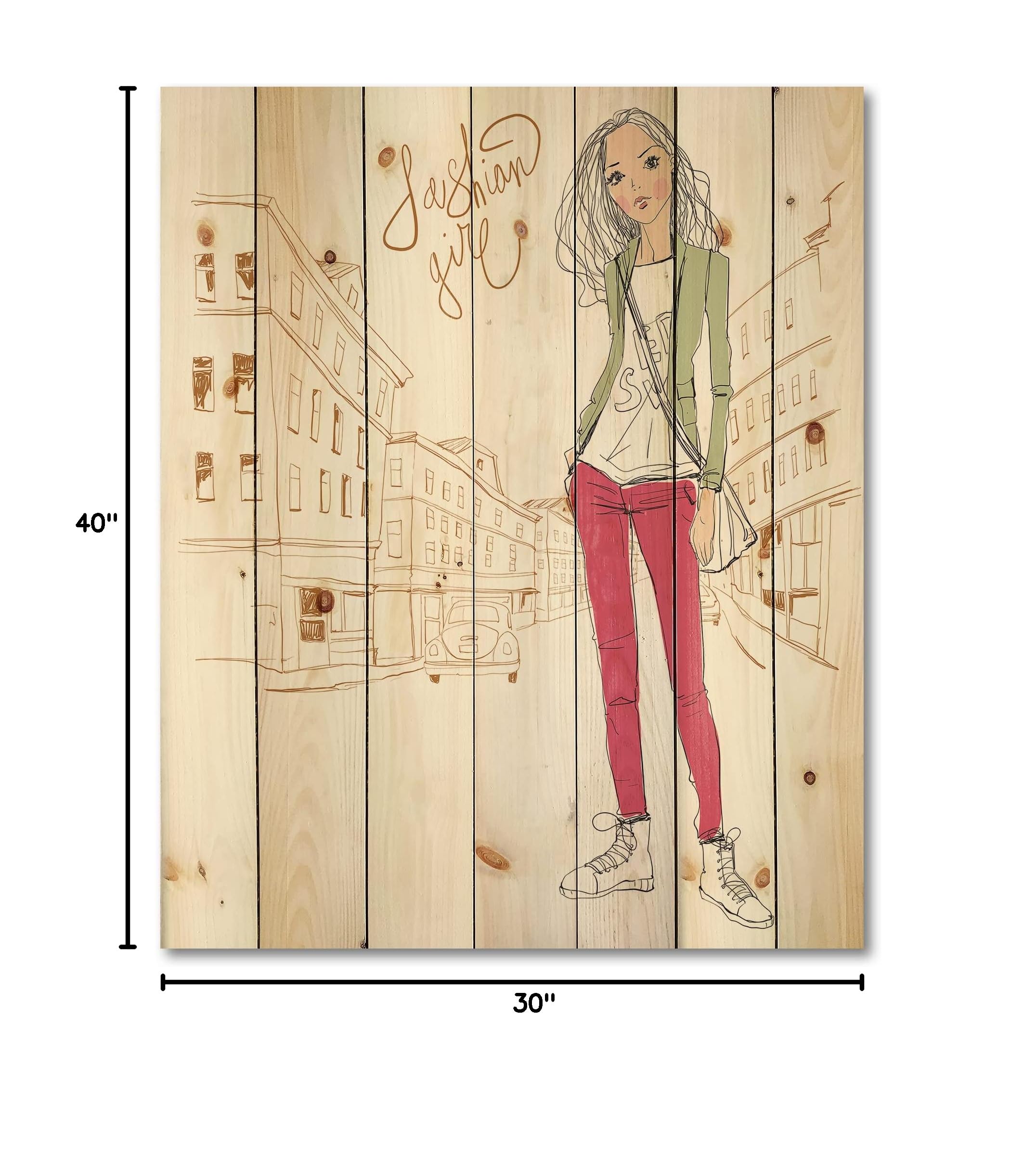 DesignQ Trendy Fashion Girl II Children's Wood Wall Art Decor - Pink Large Wooden Wall Panel with Printed Art on Natural Pine - Perfect for Kids' Room, Nursery, Playroom & Classroom Decor