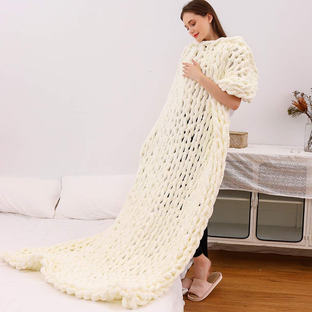 LICHUXIN Chunky Knit Blanket - Hand Knitted Chenille Throw for Couch, Bed, Chair - Ultra Soft & Warm 150x150cm (3.5kg) Beige - Perfect for Living Room, Bedroom, Yoga & Cozy Home Decor