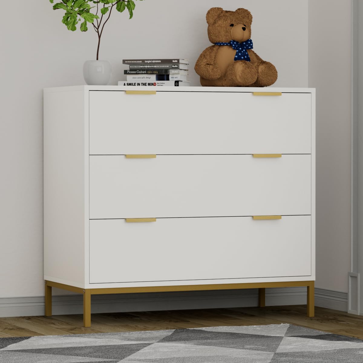 Anmytek White 3-Drawer Dresser - Modern Wood Chest of Drawers with Spacious Storage for Bedroom, Living Room & Hallway - Perfect for Organizing Clothes, Linens & Home Decor (Model H0074)