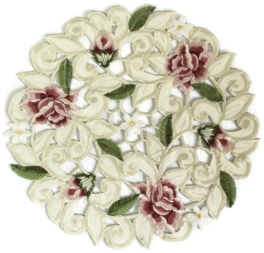 23 Inch Round Doily with Light Pink Cutwork Rose - Elegant Table Decor for Weddings, Parties & Home Decoration