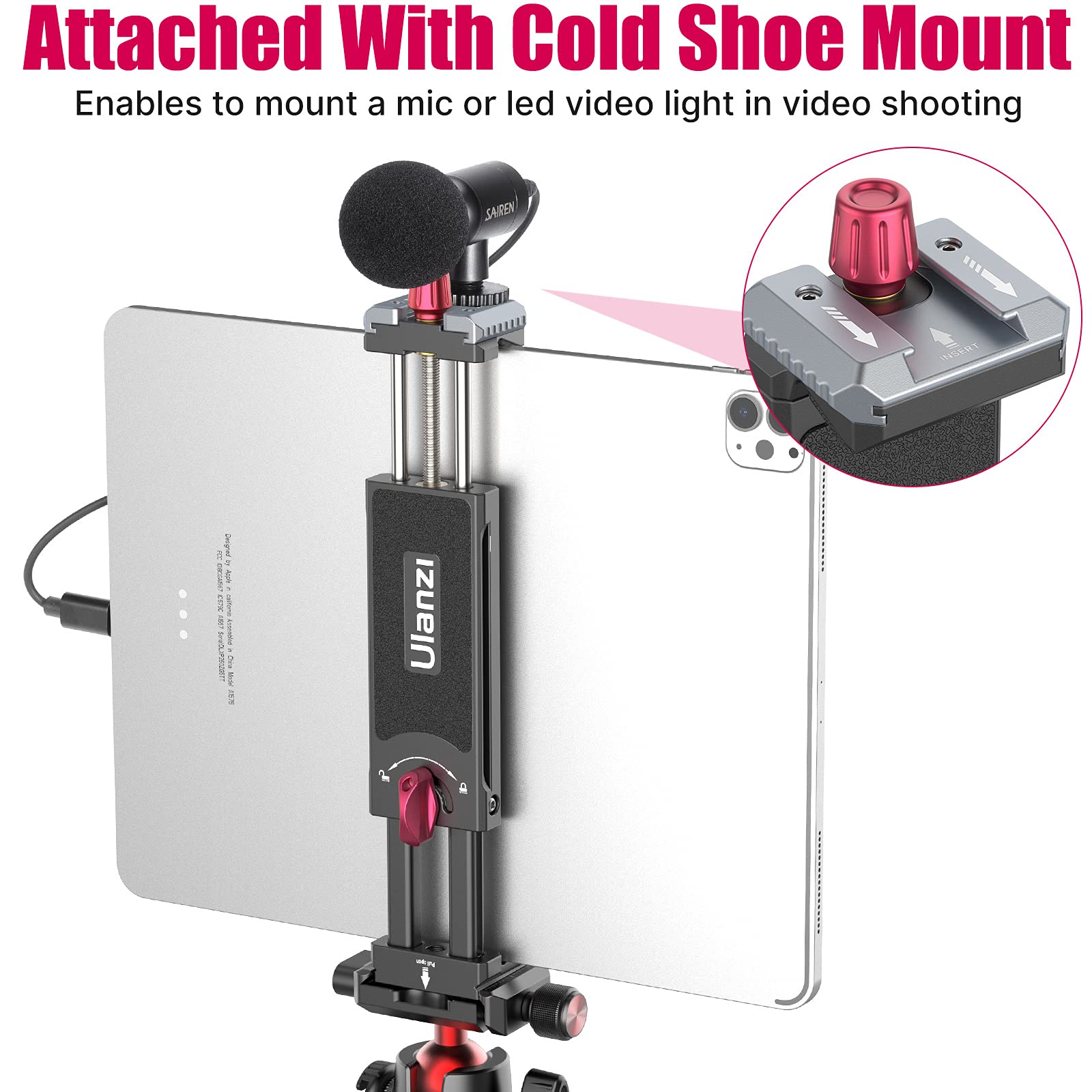 Universal Aluminum iPad Tripod Mount Holder - Adjustable U-pad III 7.9-12.9in Metal Tablet Clamp with Cold Shoe & 2 Arca Swiss QR Mounts for iPhone iPad Air Mini - Perfect for Video Recording, Live Streaming & Photography