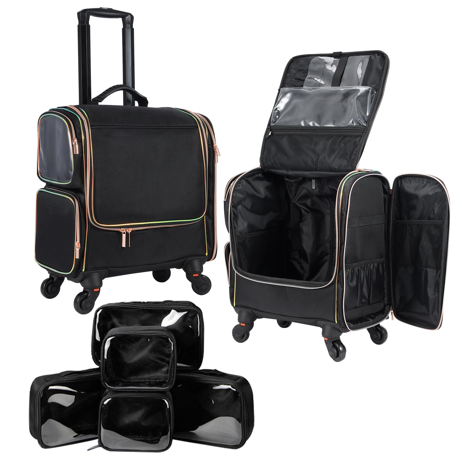 Stagiant Professional Rolling Makeup Train Case - Travel Cosmetic Organizer with 5 Toiletry Bags for Makeup Artists, Hairstylists & Barbers | Durable Makeup Storage Bag for Salon, Bridal & On-the-Go Beauty Professionals | Black