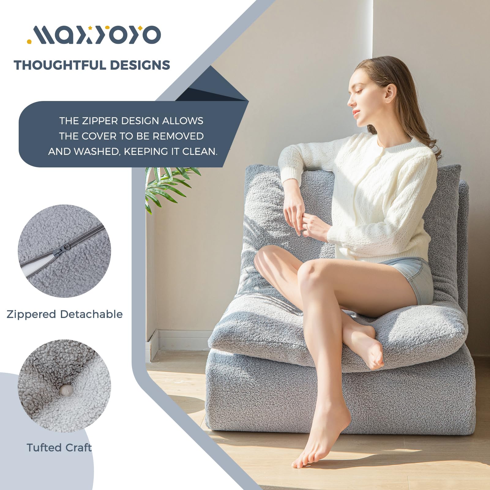 MAXYOYO Convertible Folding Sofa Bed - Boucle Floor Sofa with Back Support, Portable Sleeper Chair for Living Room, Guest Room & Small Spaces, Grey - Perfect for Lounging, Napping & Overnight Guests
