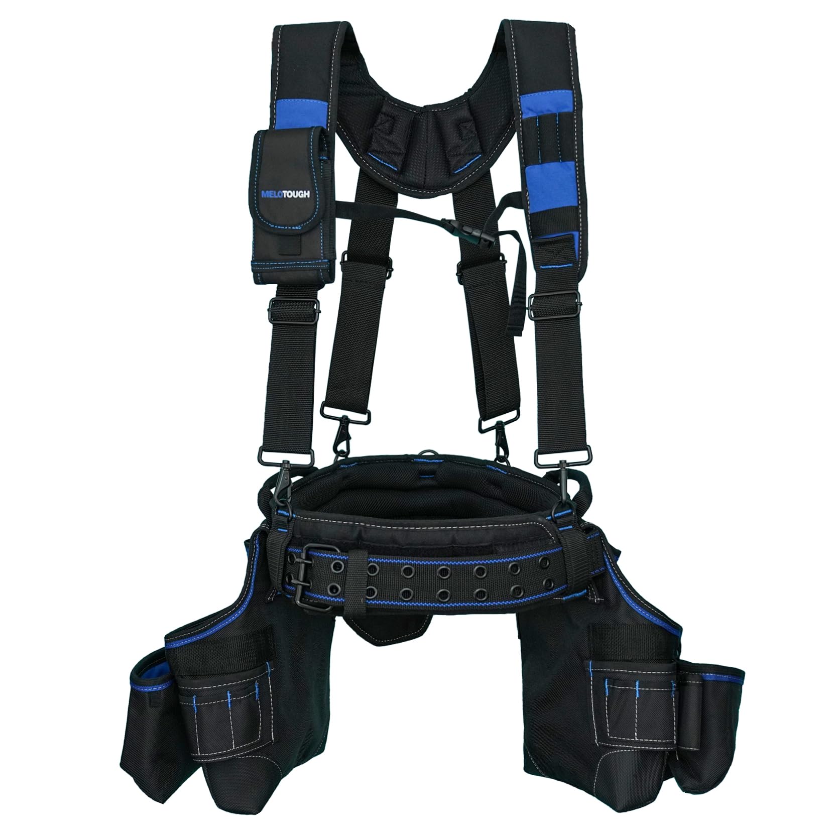 MELOTOUGH Pro Heavy Duty Carpenter Tool Belt with Suspenders - Multi-Function Builder Apron & Pouch Combo System (Blue) - Ideal for Framing, Construction & Woodworking Projects