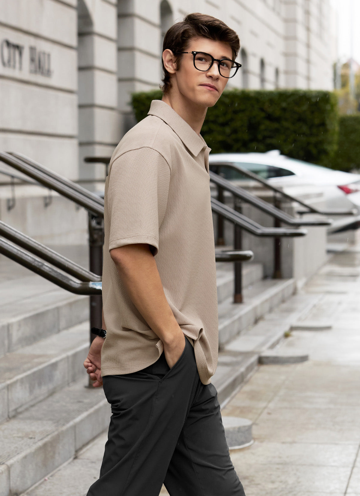 Waffle Texture Open Collar Men's Short Sleeve T-Shirt - Breathable Summer Casual Tee for Outdoor Activities and Daily Wear