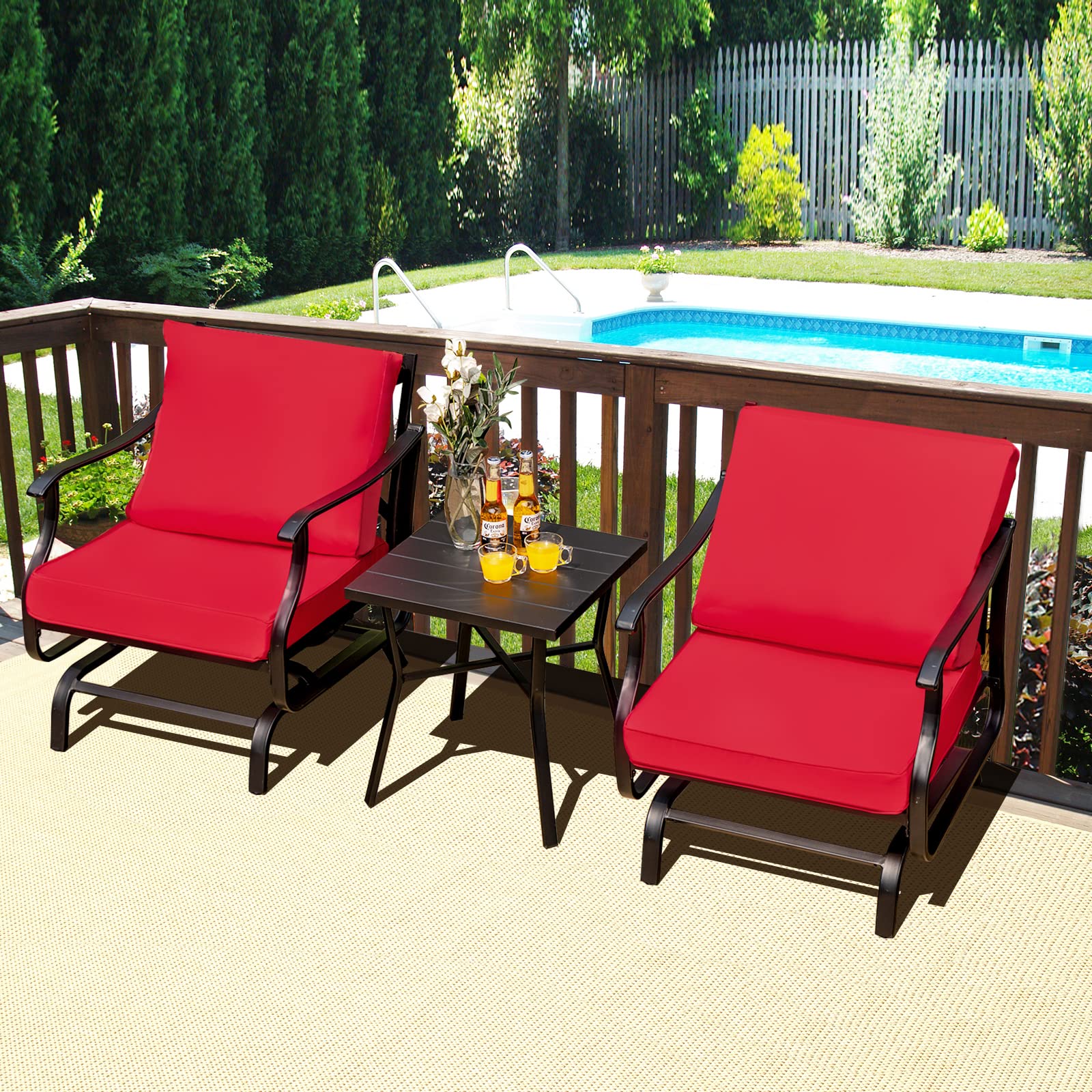 Giantex 3-Piece Outdoor Bistro Set with Rocking Chairs & Coffee Table - Steel Patio Rockers, Gliding Front Porch Furniture for Yard, Poolside, Deck, Garden (Red) | Perfect for Relaxing in Backyard, Balcony or Outdoor Entertaining