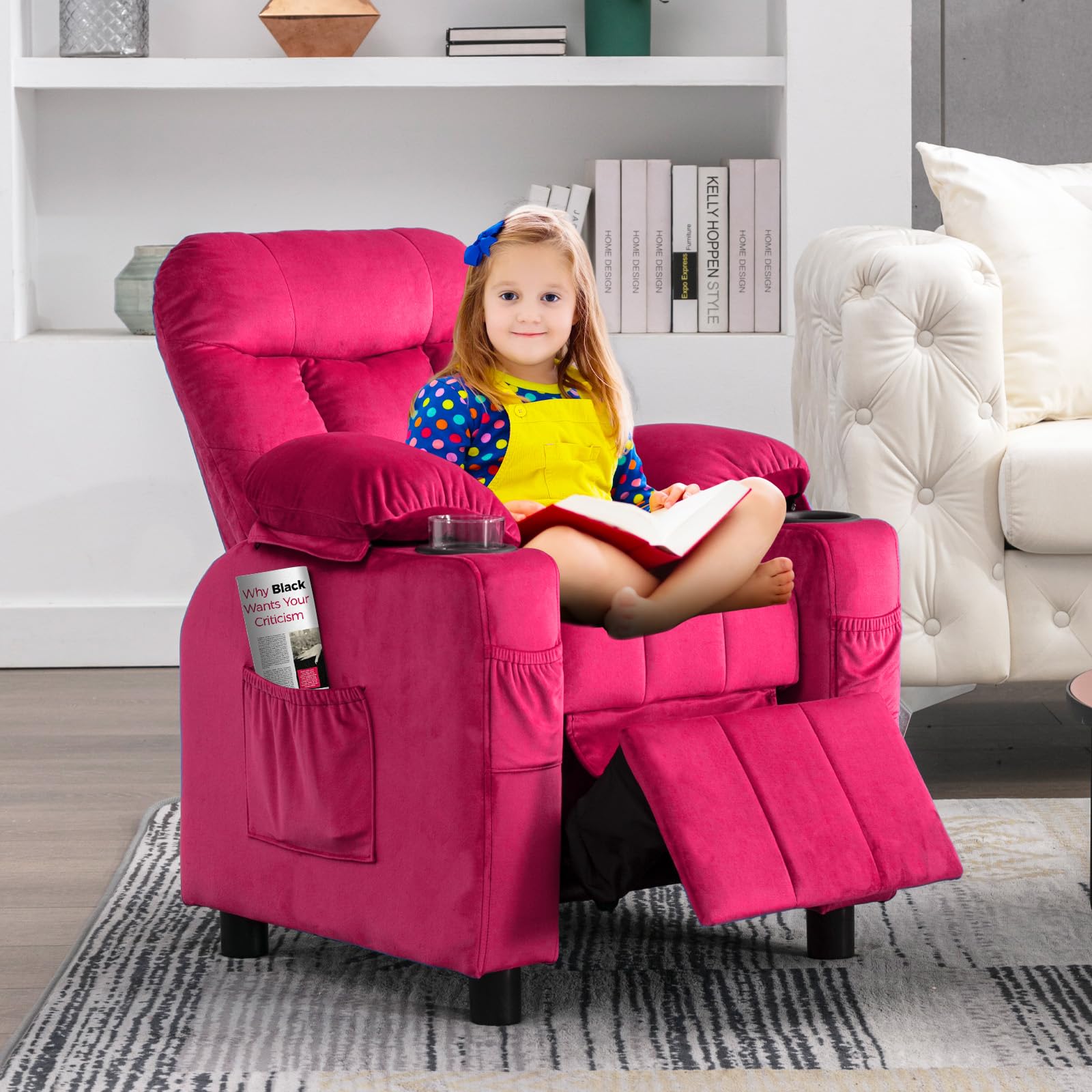 **Kids Recliner Chair with Cup Holder - Adjustable Toddler Lounge Chair with Footrest & Side Pockets, Soft Velvet Ergonomic Sofa for Boys & Girls Bedroom (Rose Pink) - Perfect for Reading, Watching TV & Relaxing**