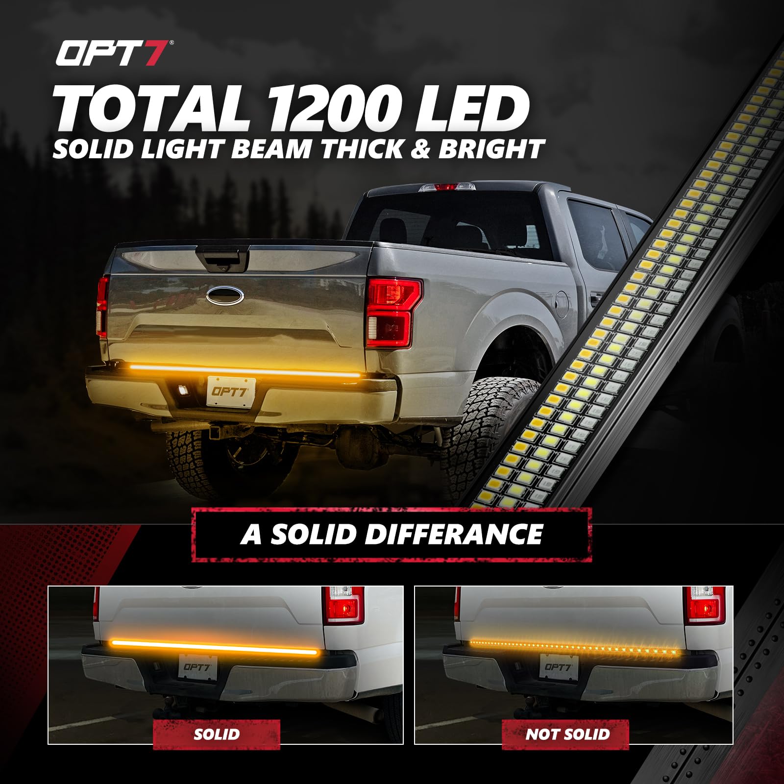 OPT7 60-Inch Triple LED Tailgate Light Bar with Amber Turn Signals & 60-Inch Running Board Lights with Sequential Amber Turn Signals - Enhanced Visibility for Trucks, SUVs, and Off-Road Vehicles