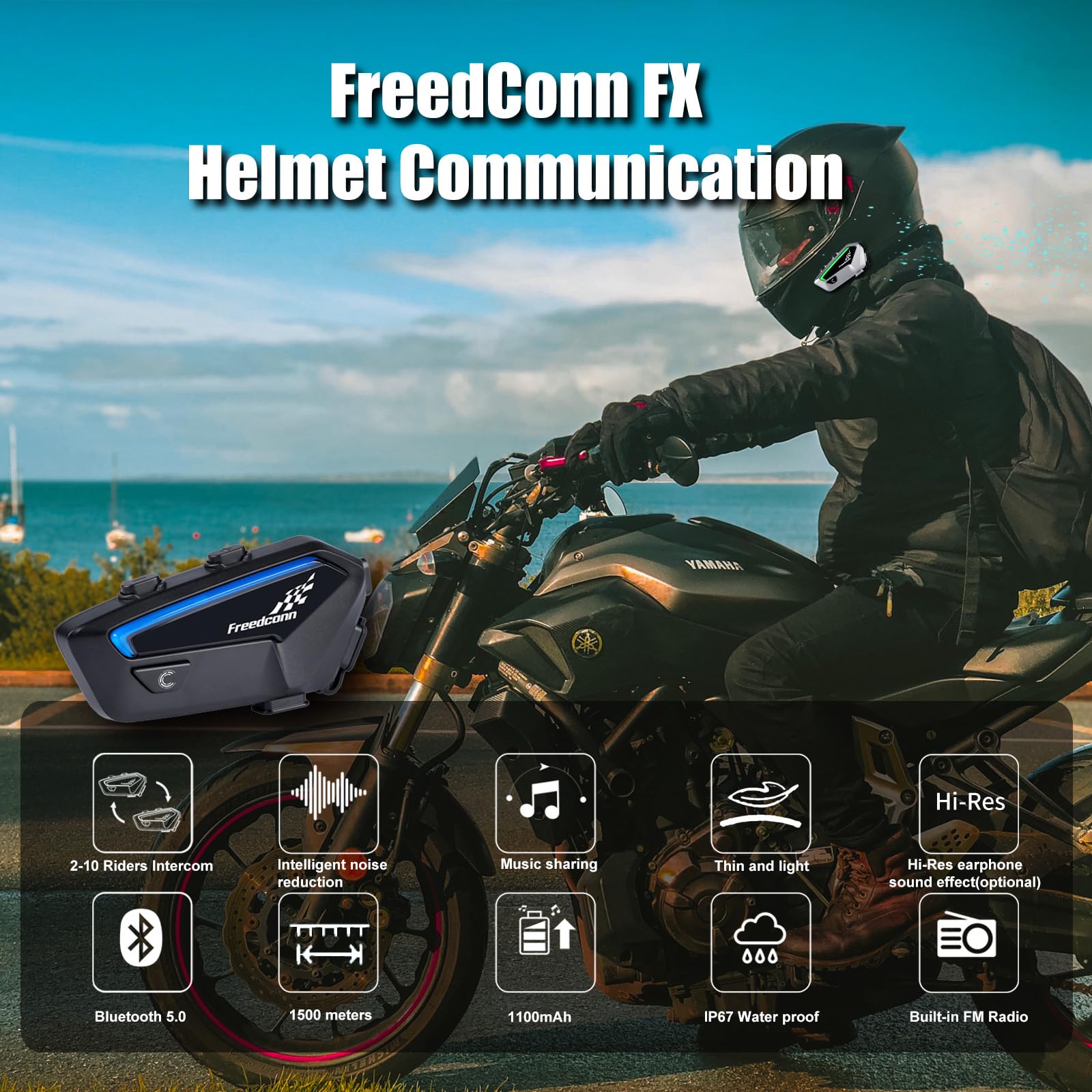FreedConn FX Motorcycle Bluetooth Headset - Wireless Intercom for Bike Riders (FX Black) | Perfect for Group Riding, GPS Navigation & Hands-Free Calls