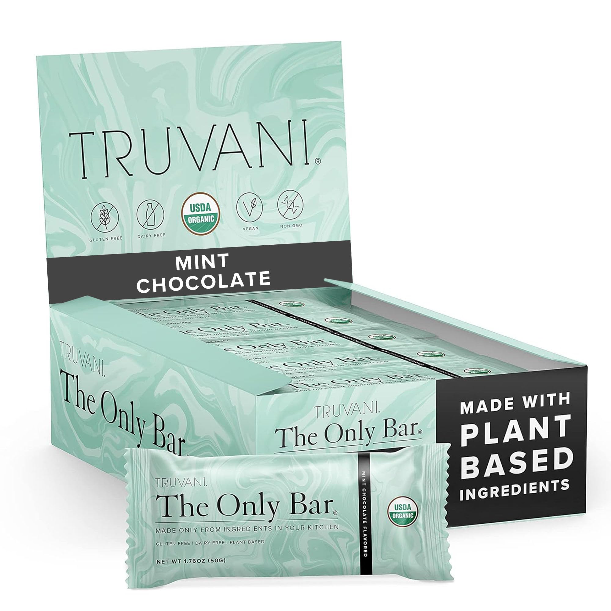 Truvani Vegan Protein Bars - Chocolate Mint 12 Pack | Organic Plant-Based Snack for Hiking & Workouts