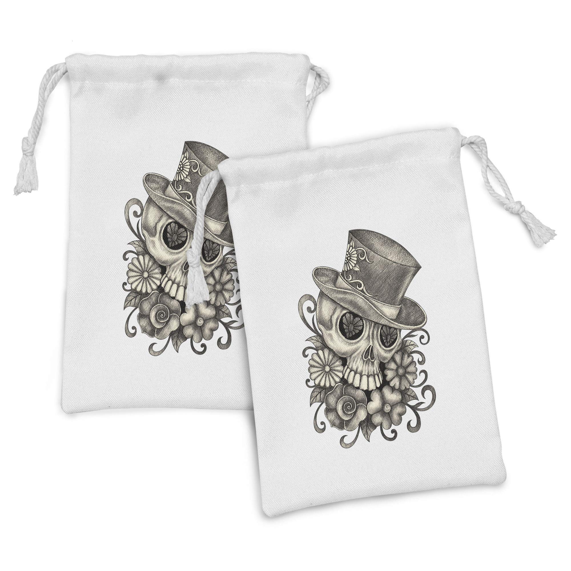 Ambesonne Day of the Dead Fabric Pouch Set of 2 - Mexican Sugar Skull Floral Drawstring Bags for Toiletries, Makeup & Party Favors (9