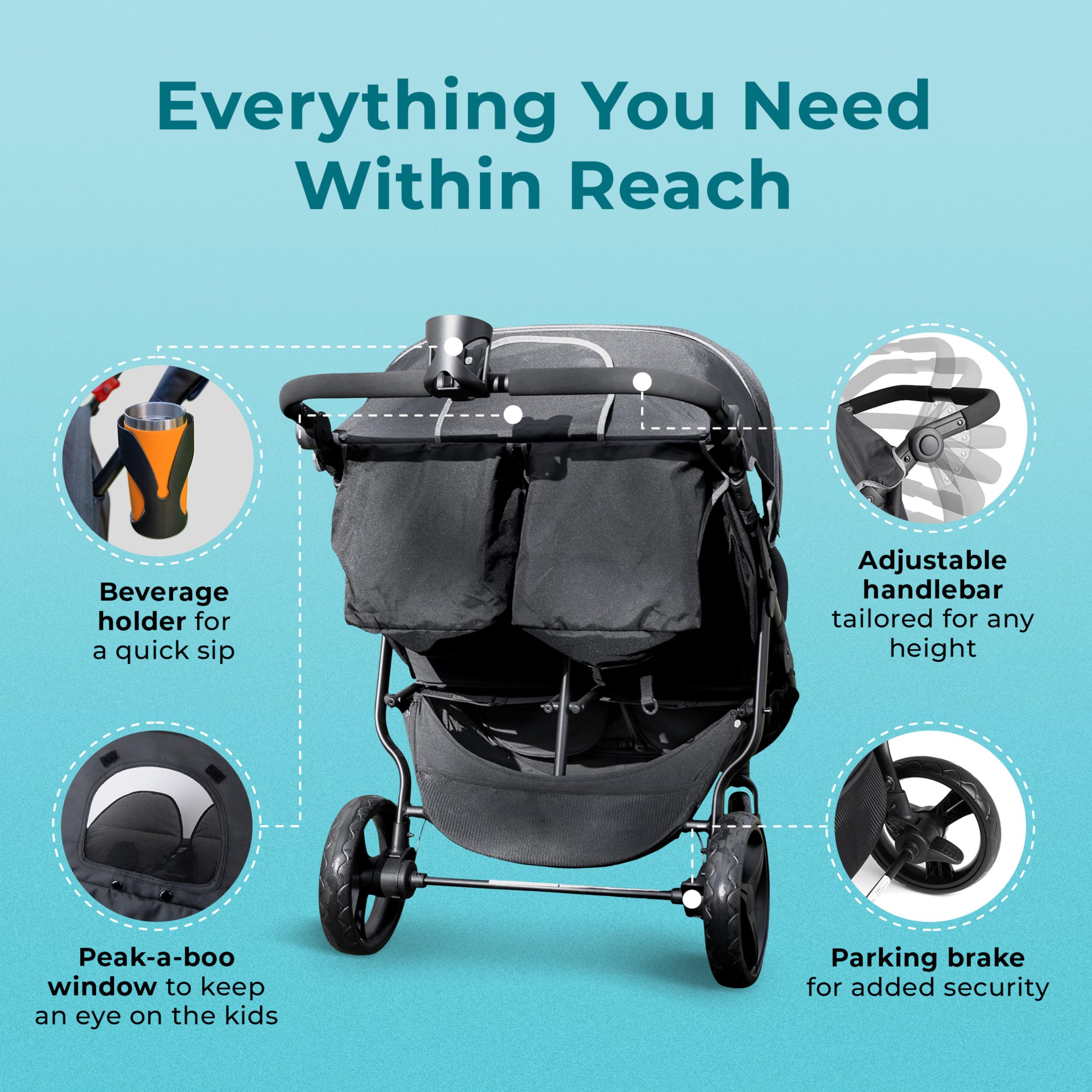 **Gaggle by Foundations Roadster Duo Side by Side Double Stroller - Lightweight Compact Stroller for Toddlers & Twins - Easy Fold & Maneuver - Amusement Park & Travel Approved - Black - Perfect for Shopping, Walks & Family Outings**