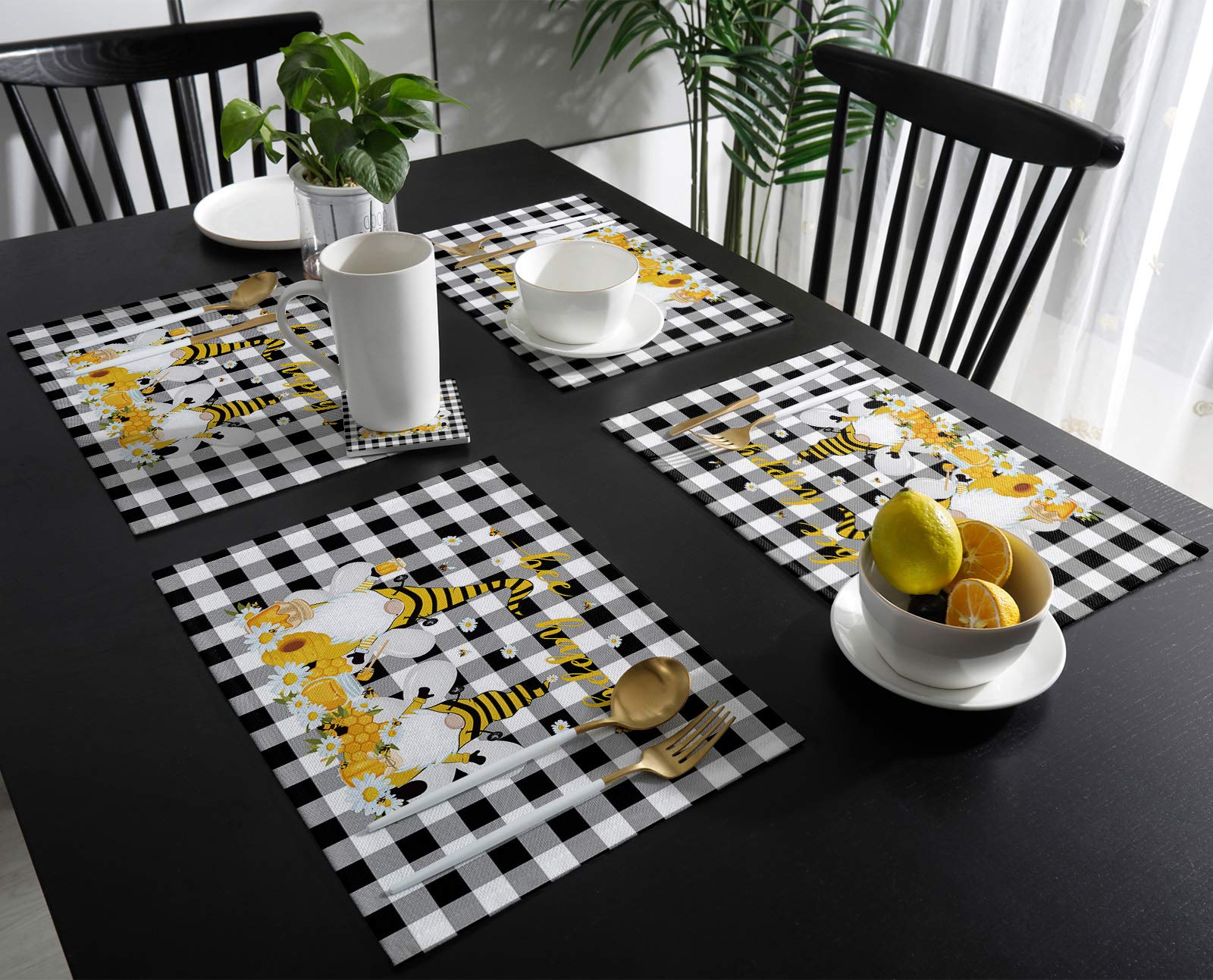 **Gnome Honey Daisy Bee Washable Placemats Set of 4 - 13
