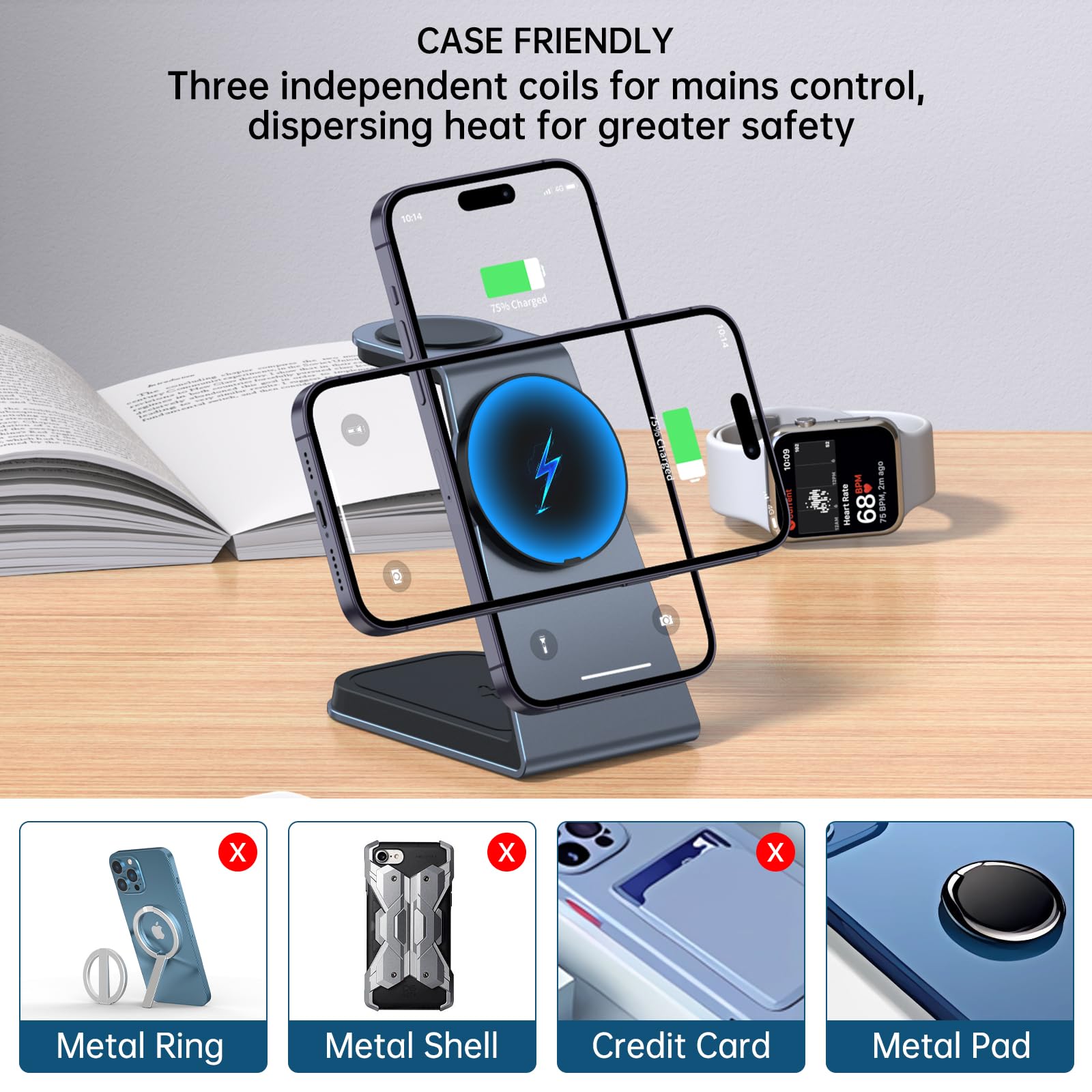 3-in-1 Magnetic Wireless Charging Station for iPhone 15/14/13/12, Apple Watch S2-S9 & AirPods 3/2/Pro - Fast Qi-Certified Charger with Strong Magnets (Space Gray) | Perfect for Bedside, Office Desk & Travel Charging