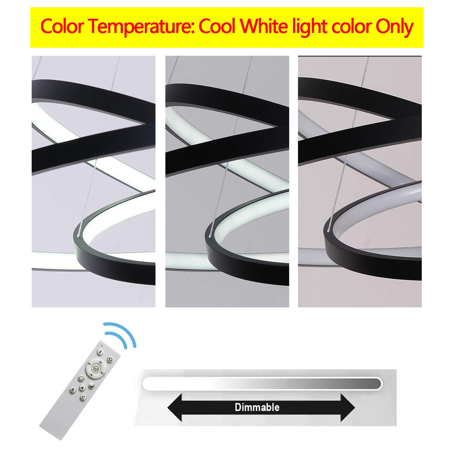 Modern LED Chandelier - Dimmable 3-Ring Ceiling Light Fixture for Dining Room, Living Room, Bedroom & Foyer | Contemporary Black & Cool White Hanging Pendant Lighting | Perfect for Home Decor, Wedding Venues & Restaurant Ambiance