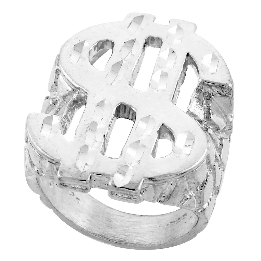 Sterling Silver Dollar Sign Ring with Diamond Cut Finish - 1 5/16