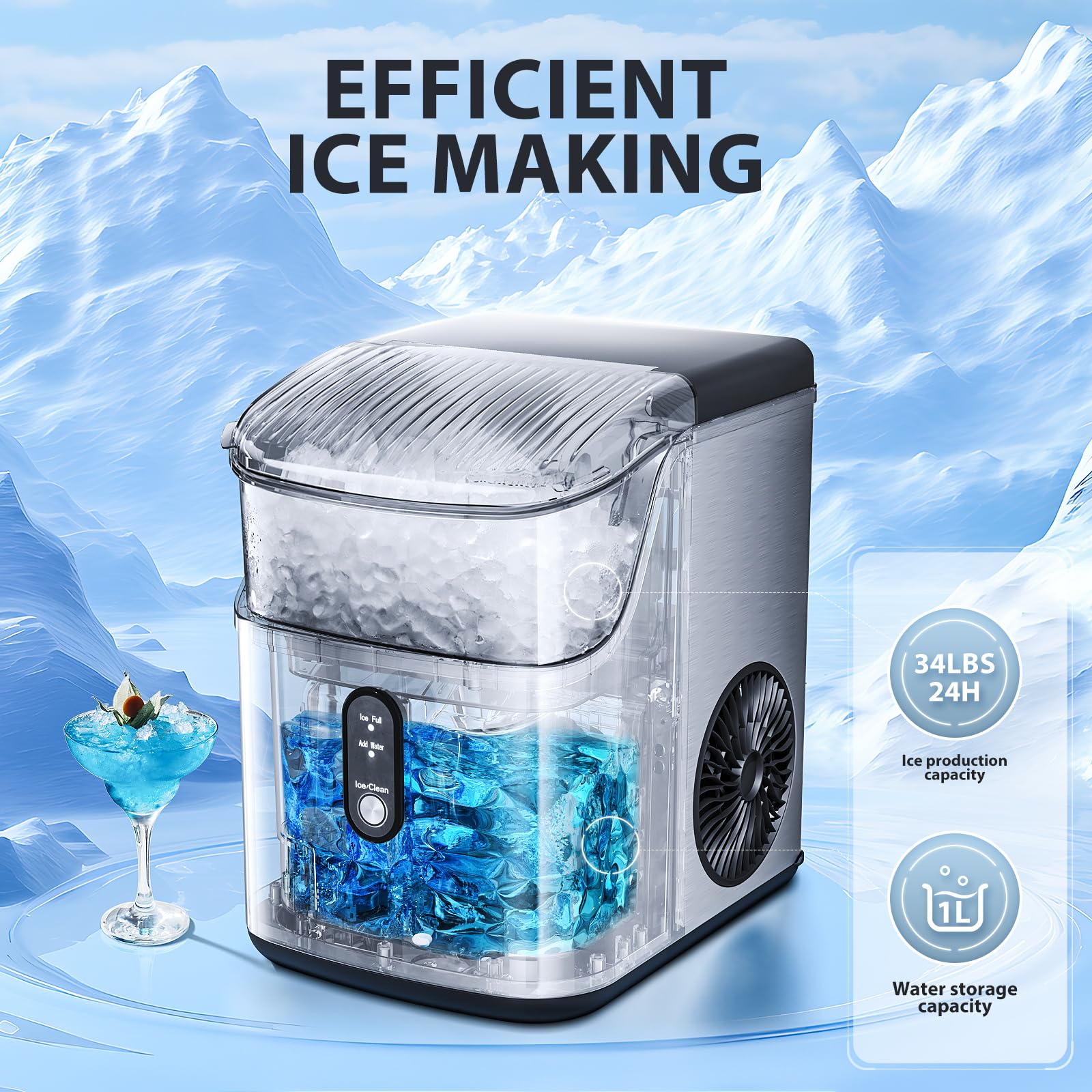 Portable Countertop Ice Maker with Soft Chewable Pellet Ice - 34Lbs/24H, Self-Cleaning, One-Touch Operation - Stainless Steel Sonic Ice Machine for Kitchen, Office, Bar, RV & Outdoor Entertaining