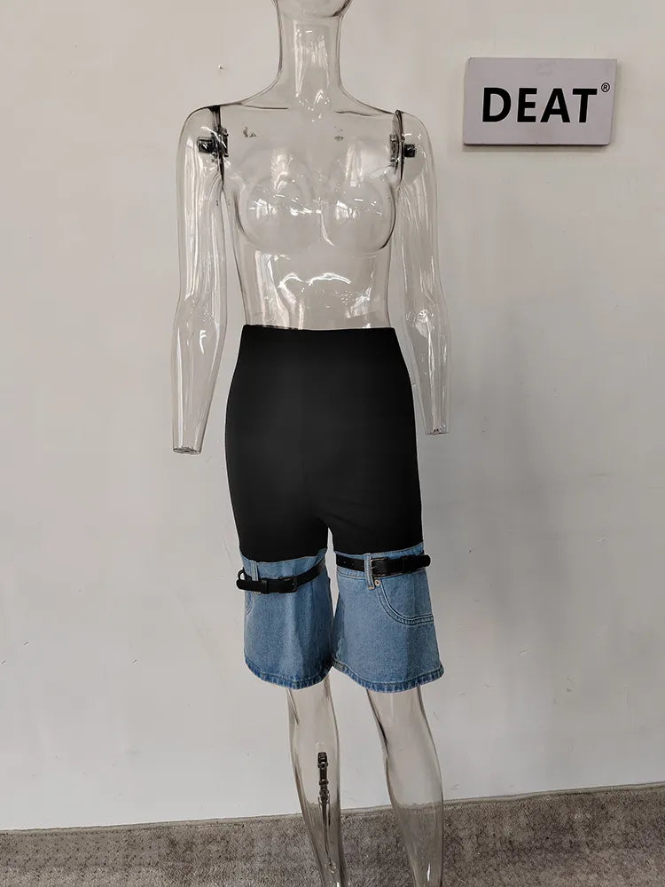 DEAT Fashion Women's High Waist Straight Leg Jeans with PU Leather Patchwork & Buckle Details - Trendy Streetwear Denim Pants for Spring 2023 | Perfect for Casual Outings, Parties and Everyday Wear