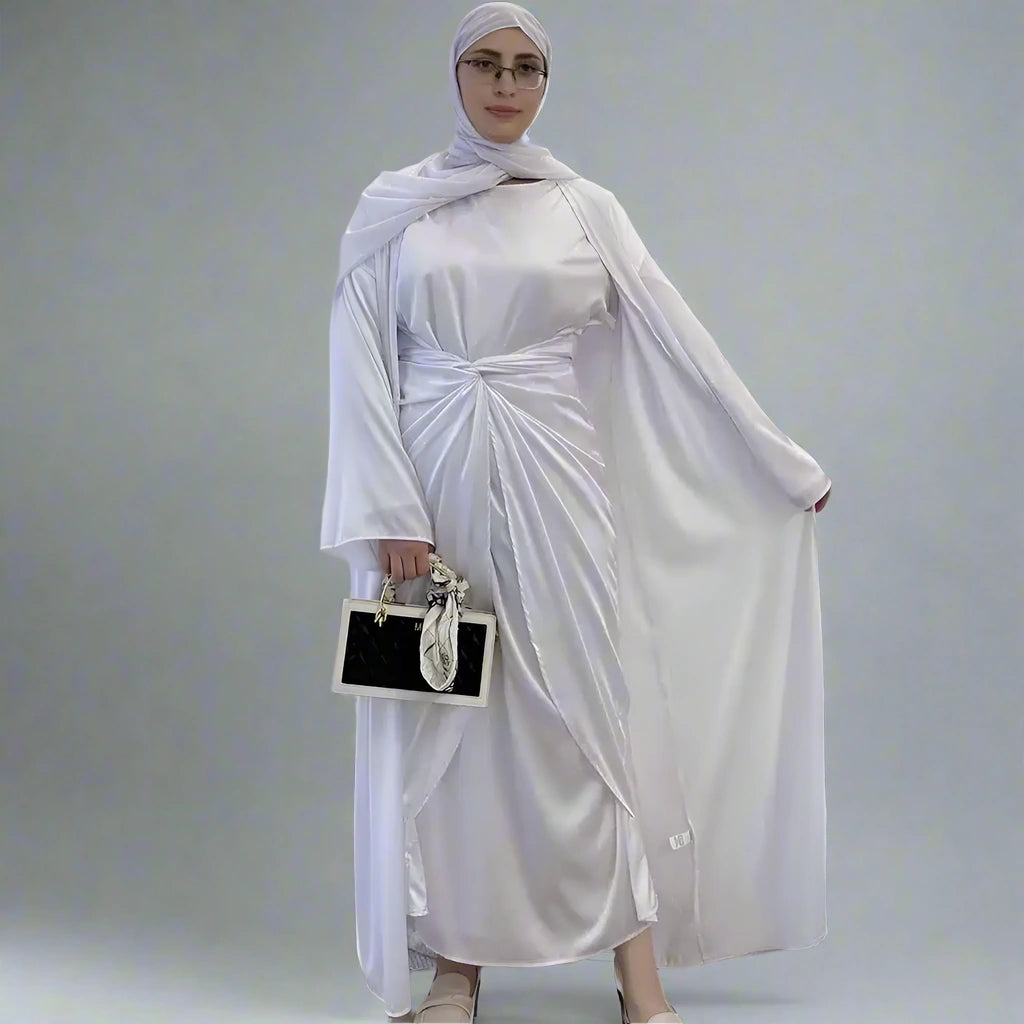 2-Piece Solid Color Open Front Cardigan Abaya Dress Set - Modest Muslim Outfit for Prayer, Work & Casual Wear