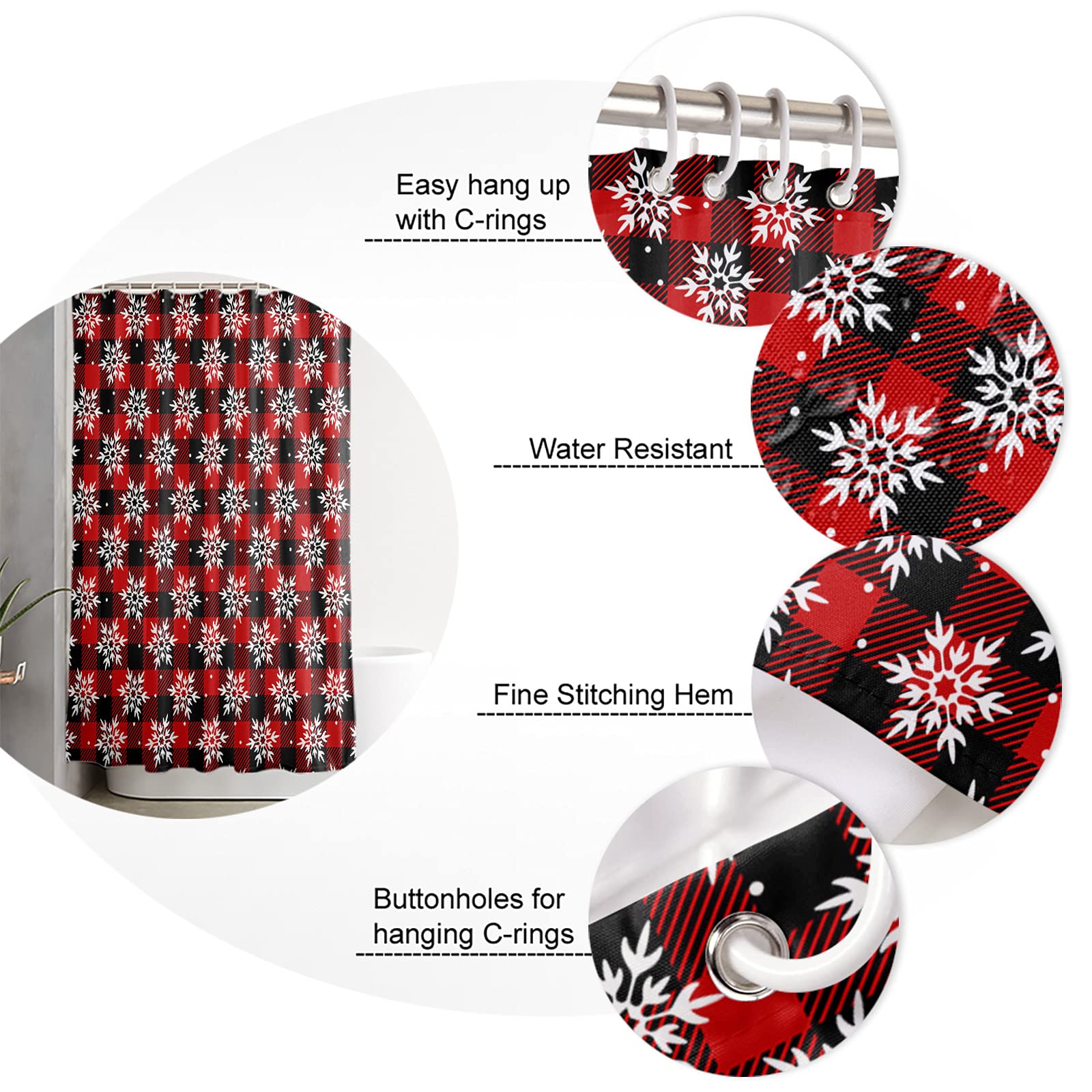 Waterproof Christmas Snowflake Buffalo Plaid Shower Curtain Set with Hooks - 60x72 Inch Holiday Bathroom Decor for Bathtub, Shower & Home - Perfect for Xmas Party, Winter Home Decoration & Gift Giving