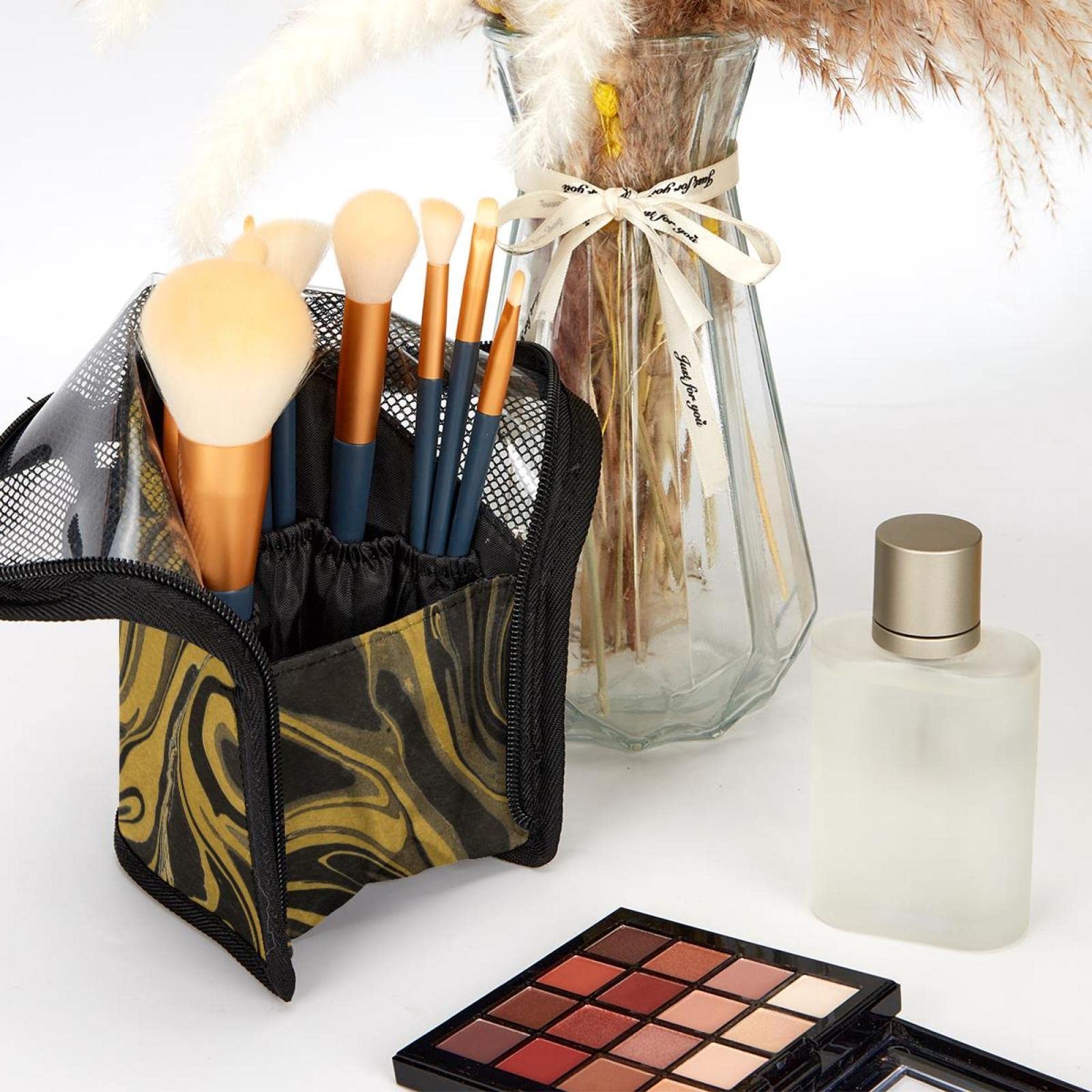 Premium 12-Piece Makeup Brush Set with Gold Marble Organizer Bag - Portable Makeup Brush Holder Case for Travel & Home Storage | Abstract Style Cosmetic Brush Organizer for Makeup Artists & Beauty Enthusiasts