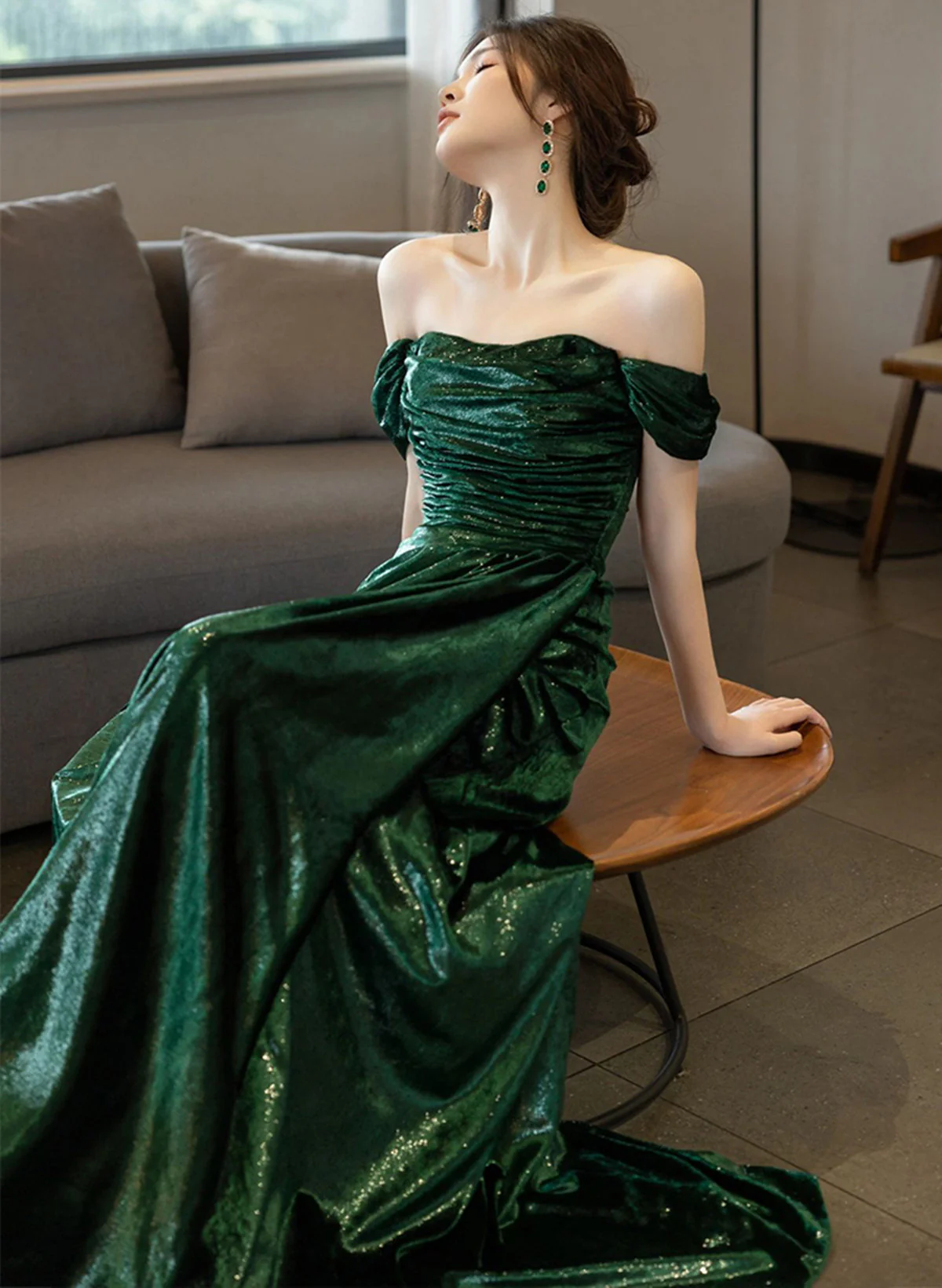 Elegant A-Line Green Off-Shoulder Long Prom Evening Dress J4469 - Perfect for Formal Events, Weddings & Special Occasions