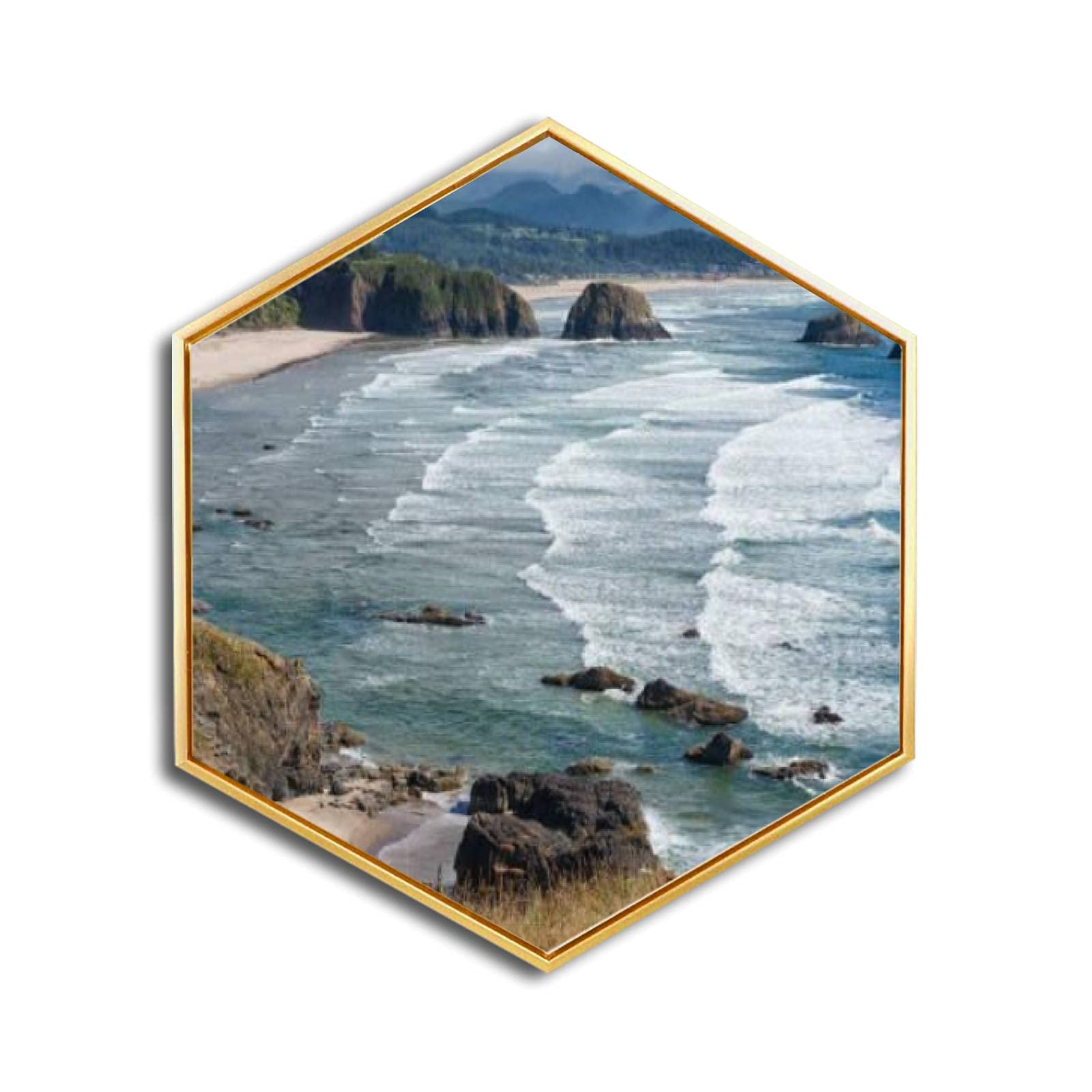 Minimalist Modern Hexagon Canvas Wall Art - Crescent Beach Oregon Coast Giclee Print with Golden Frame | Ready to Hang Home & Office Decor | Perfect for Living Room, Bedroom or Workspace