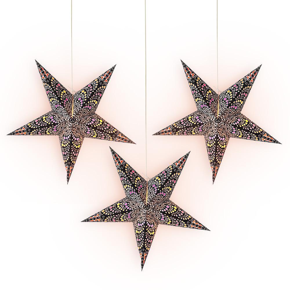 3 Pack 24 Inch Black Aloha Paper Star Lanterns with LED Bulbs & Lamp Cord - Hawaiian Party Decor, Outdoor Patio Lighting, Tropical Wedding & Luau Party Supplies