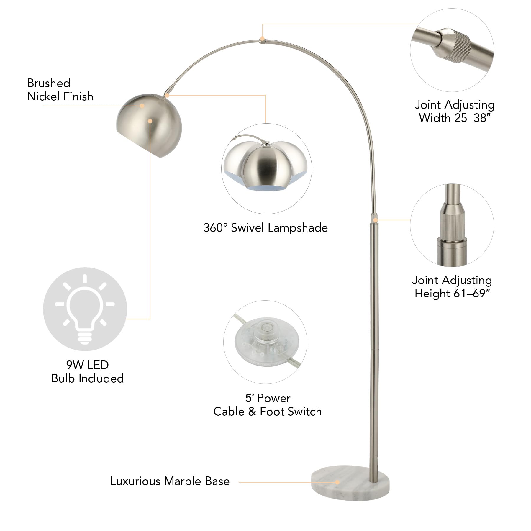 Vonluce Modern Arc Floor Lamp with LED Bulb - 69