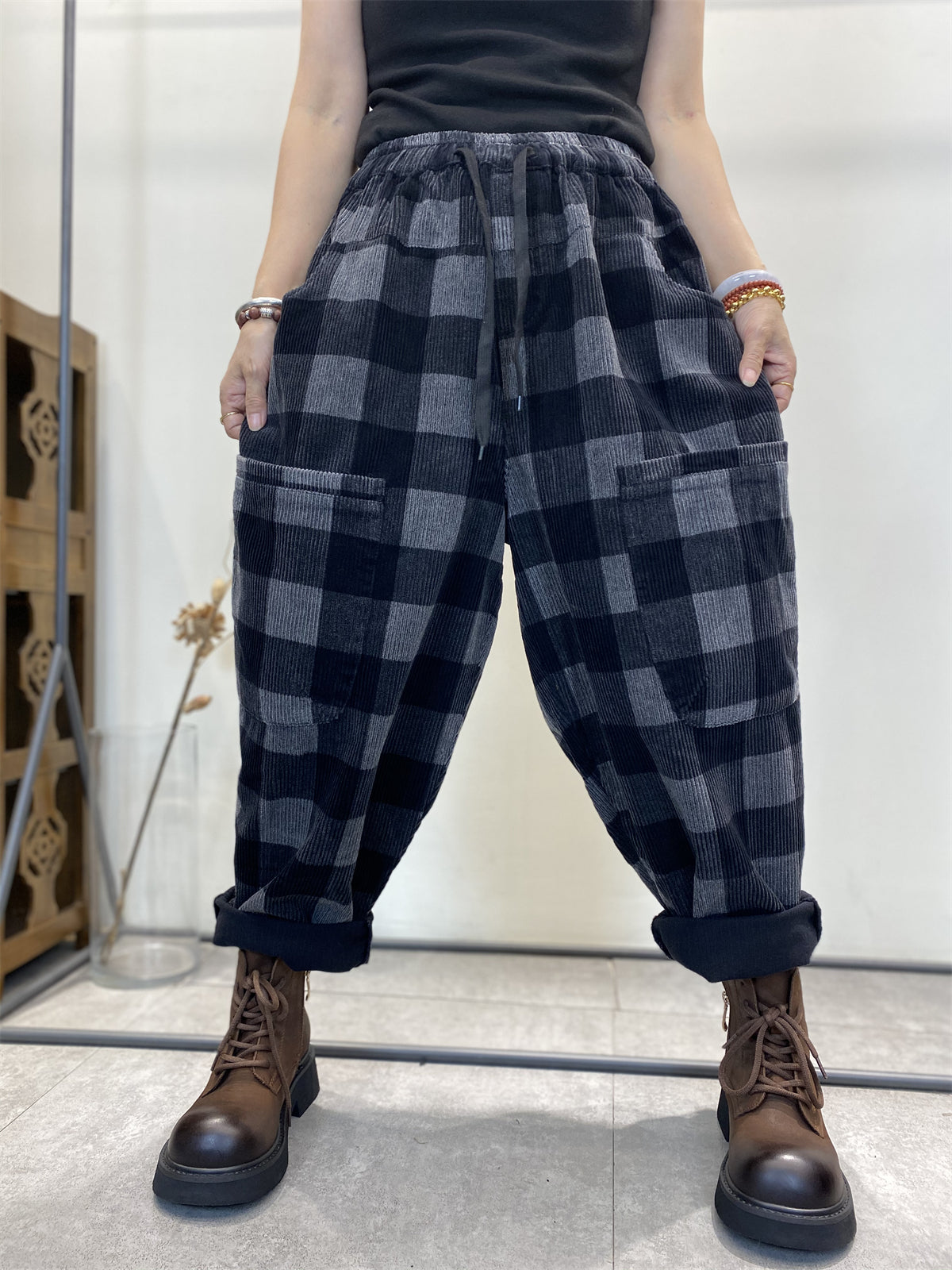 Plus Size Women's Retro Plaid Corduroy Loose Harem Pants - High Waisted Comfortable Casual Pants for Lounge, Travel & Everyday Wear